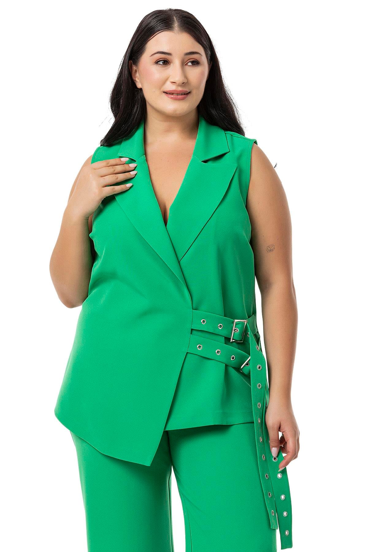 Plus Size Bird Eye Belted Vest Trousers Green Double Suit