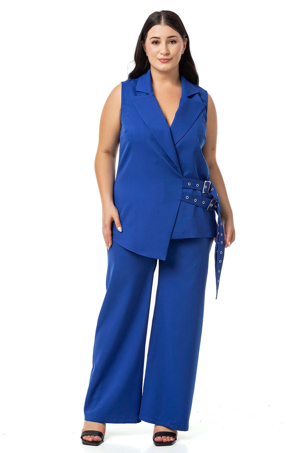 Plus Size Bird Eye Belted Vest Trousers Sax Blue Double Suit