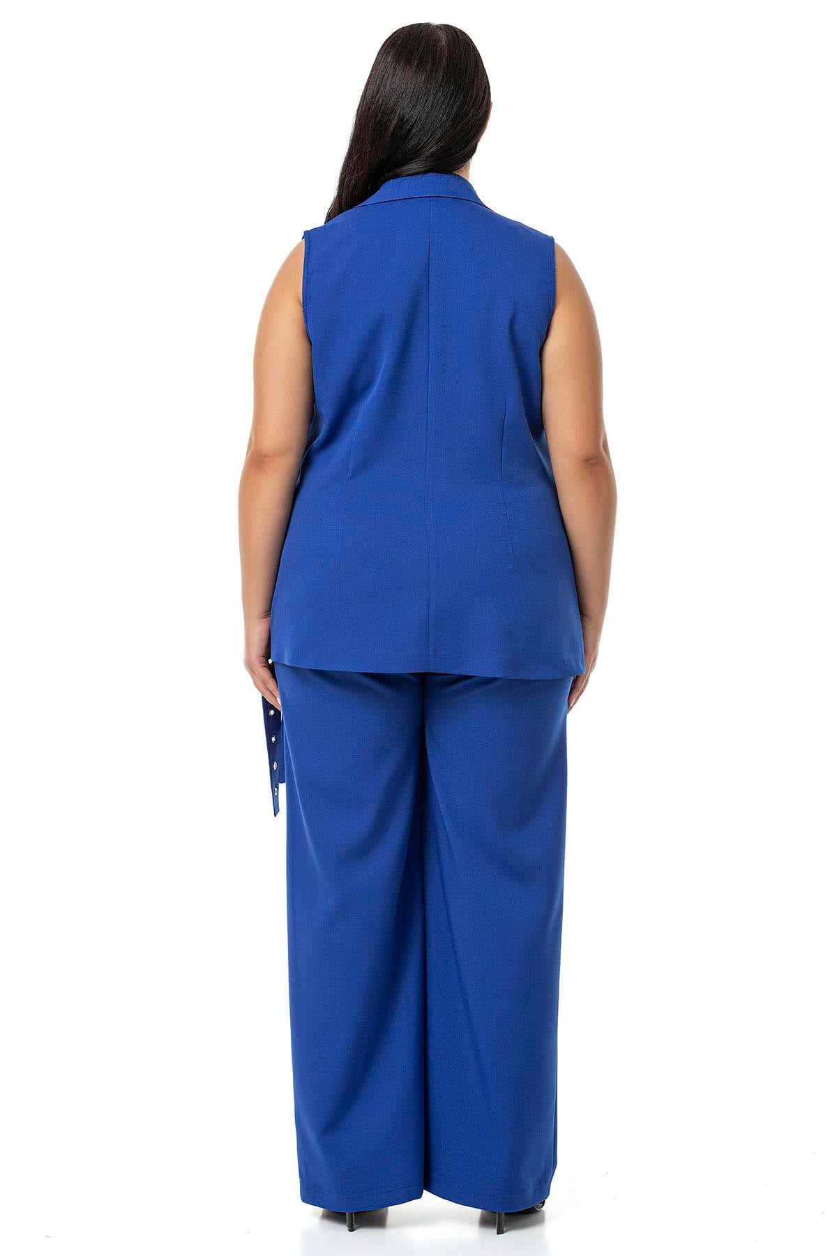 Plus Size Bird Eye Belted Vest Trousers Sax Blue Double Suit