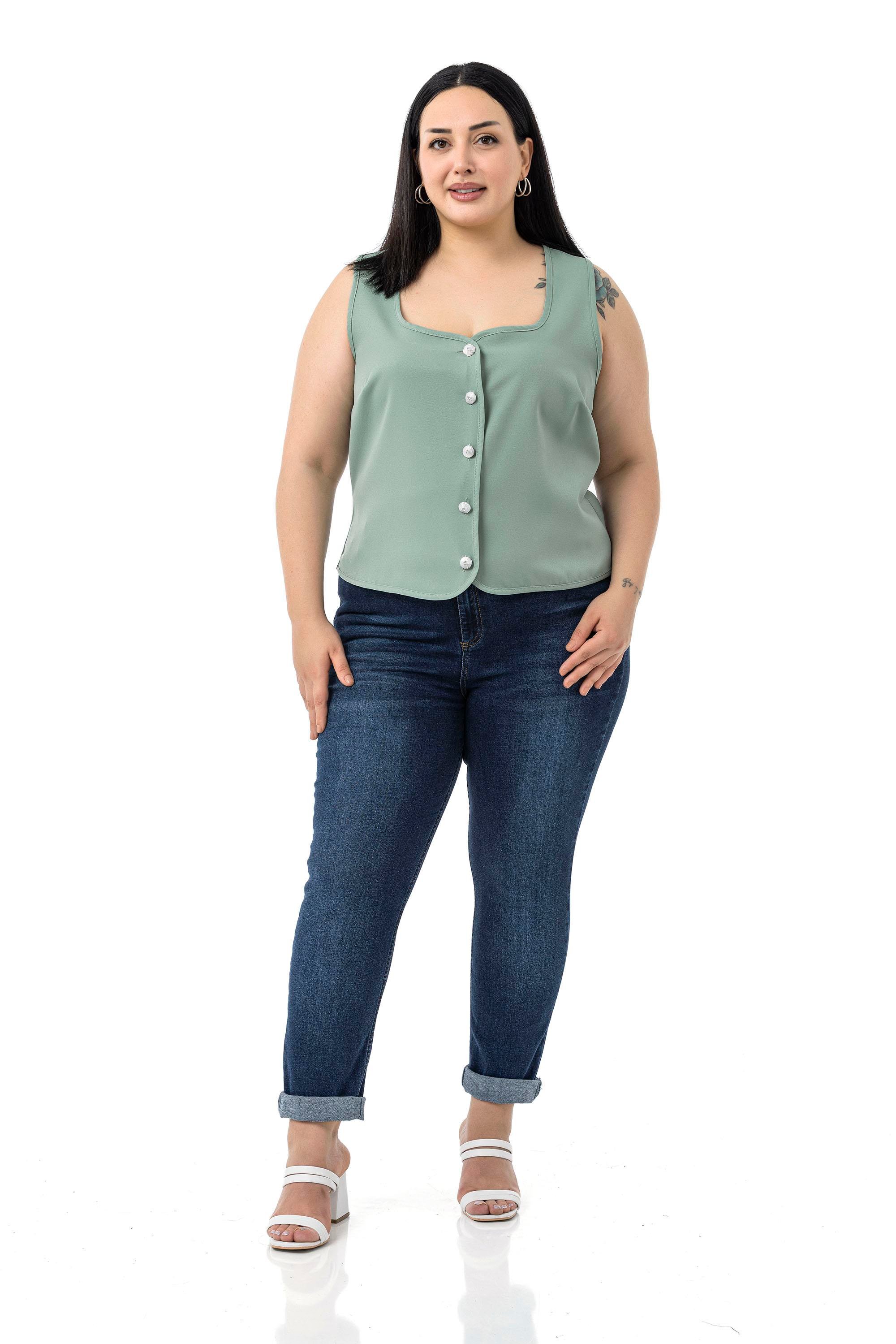 Büyük Beden Düğme Detaylı Çağla Yeşili Bluzan Yelek