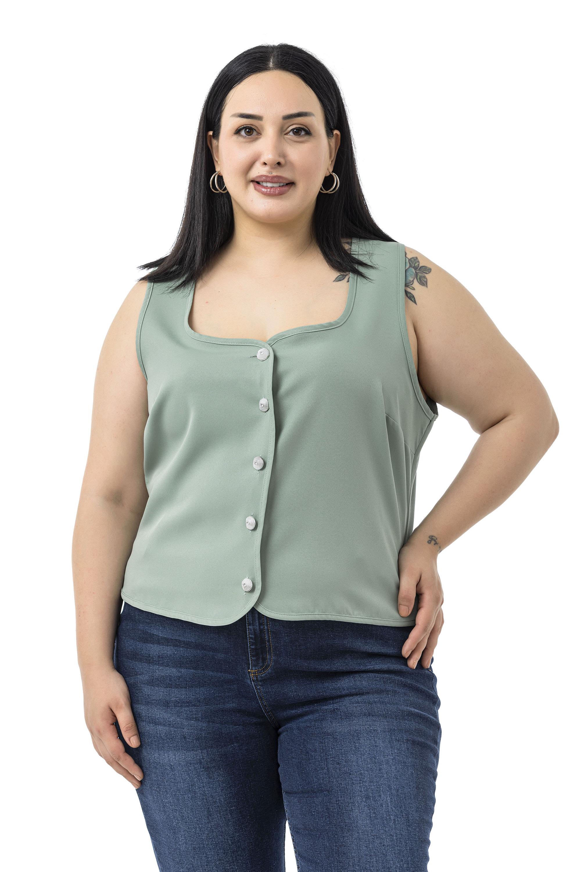 Büyük Beden Düğme Detaylı Çağla Yeşili Bluzan Yelek