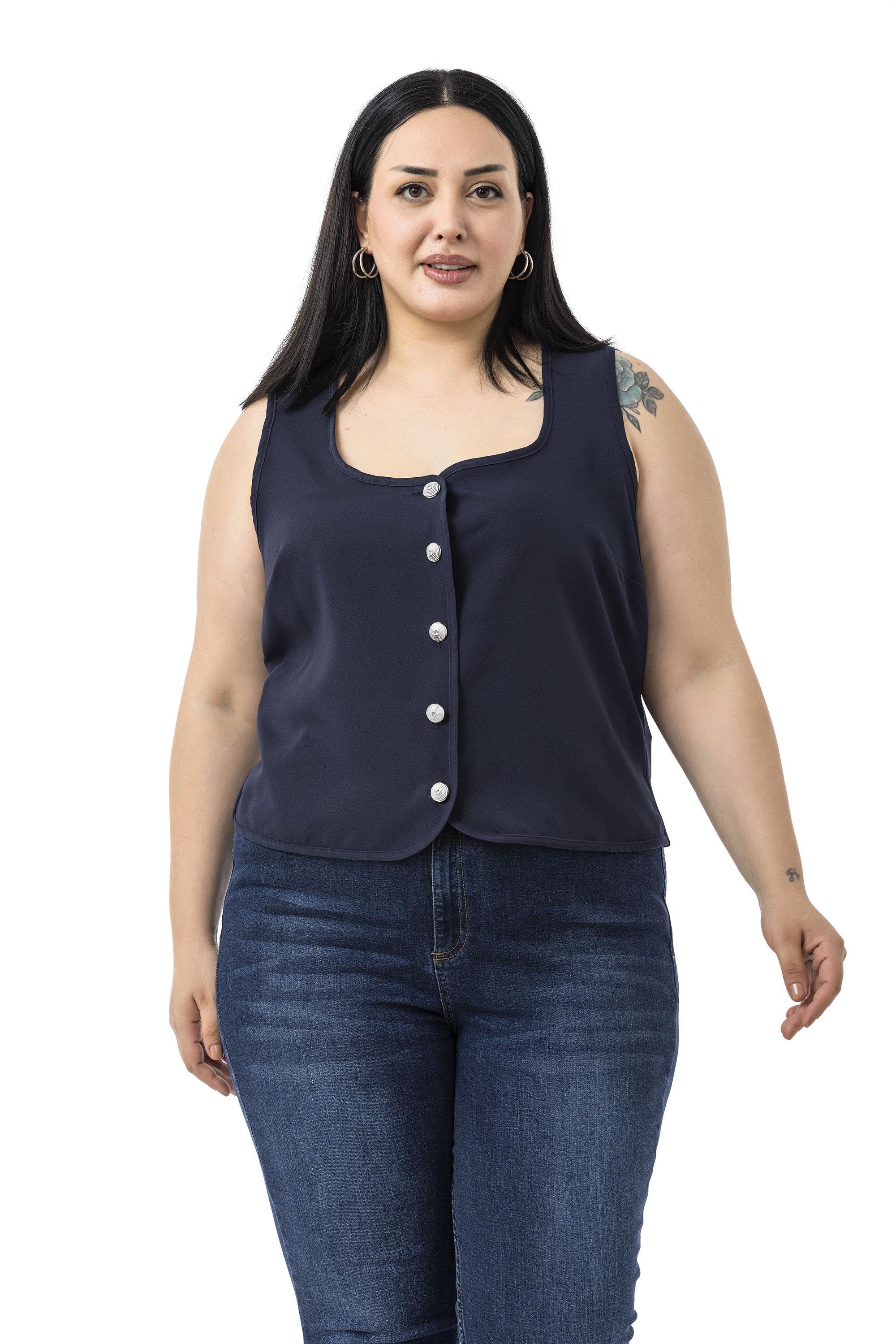 Büyük Beden Düğme Detaylı Lacivert Bluzan Yelek