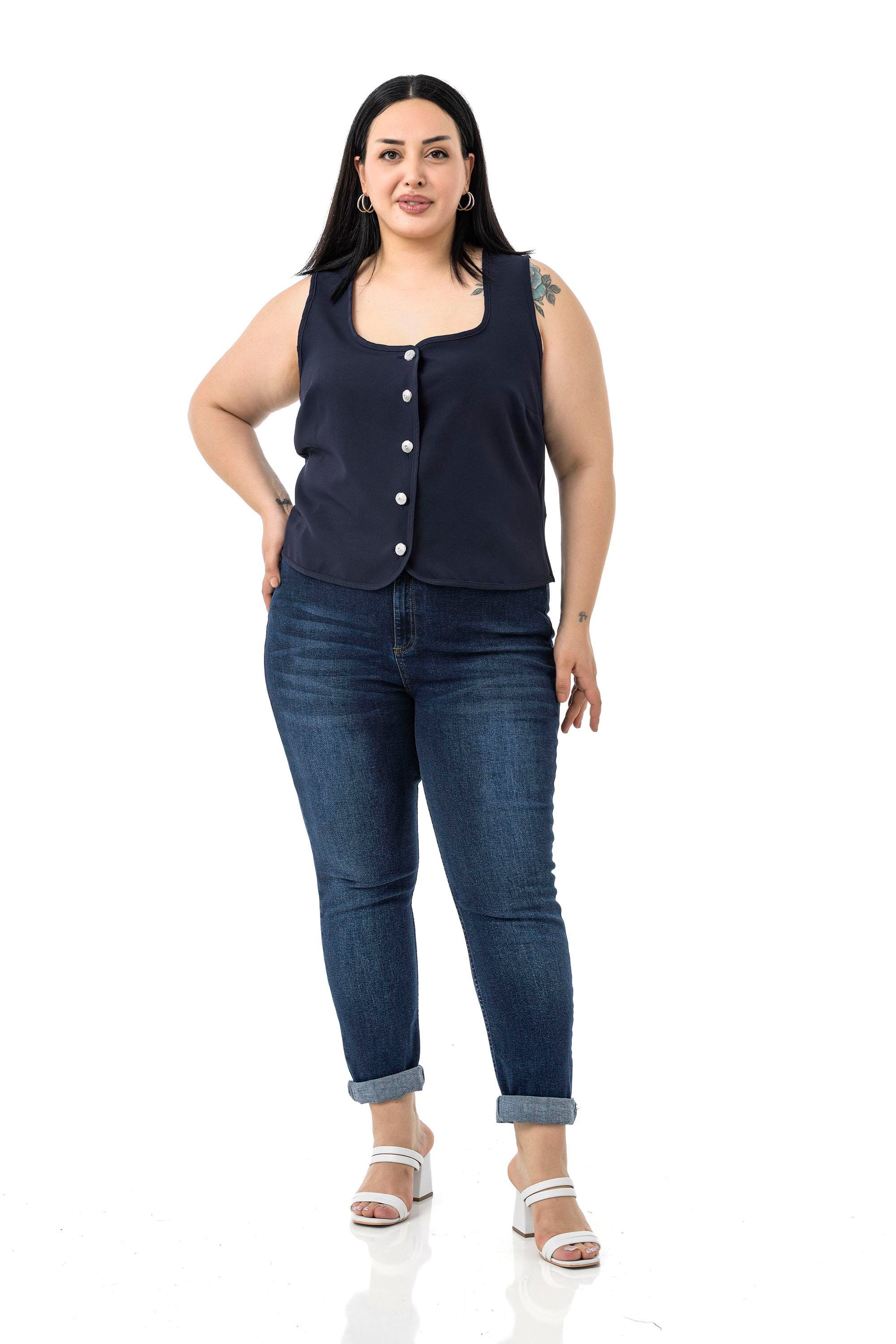 Büyük Beden Düğme Detaylı Lacivert Bluzan Yelek