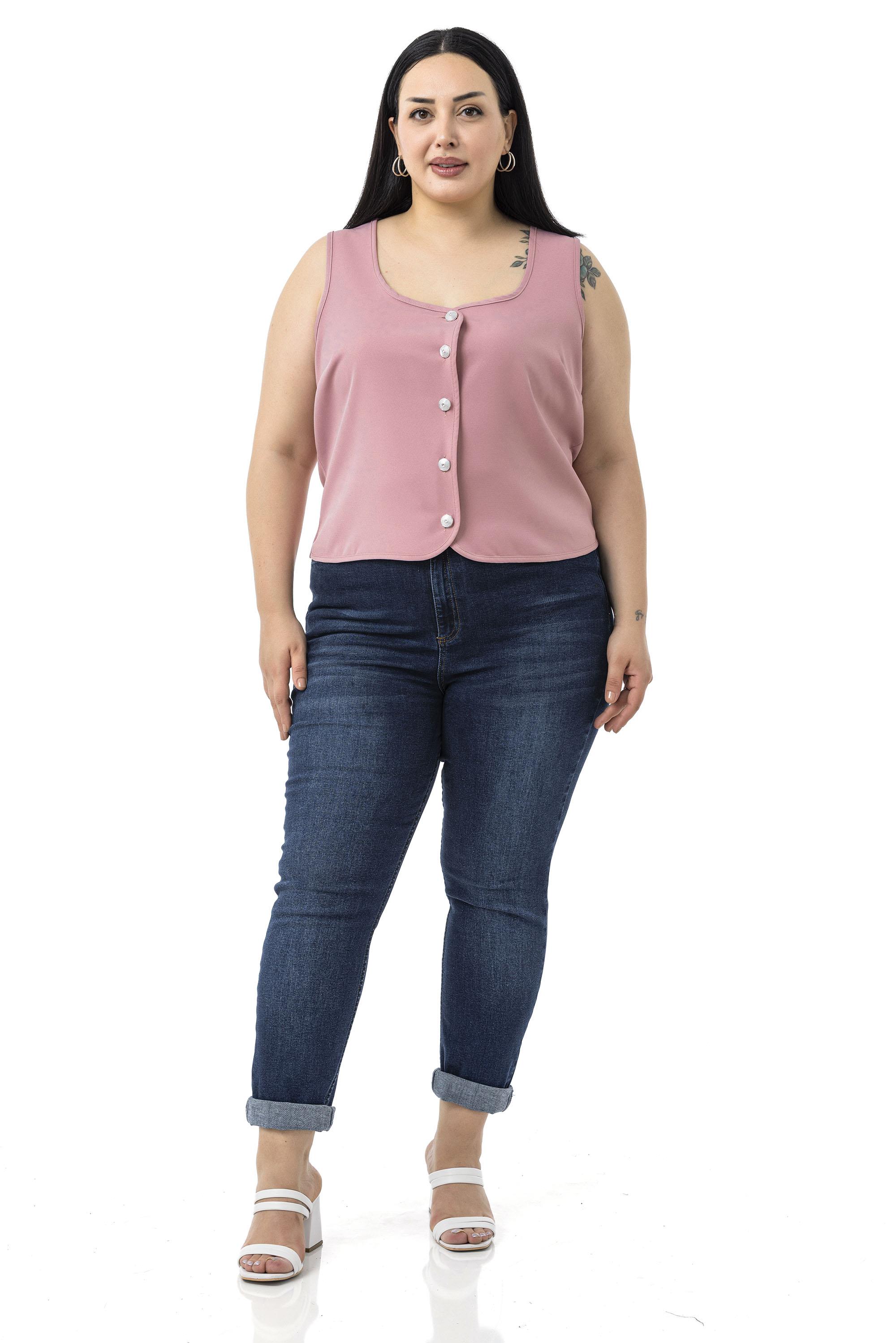 Büyük Beden Düğme Detaylı Pudra Bluzan Yelek