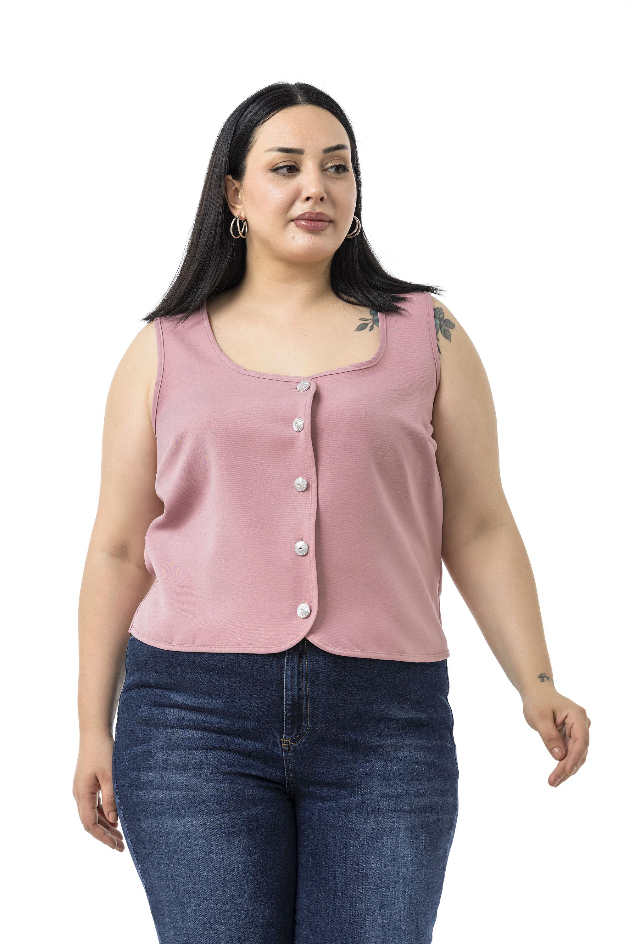 Büyük Beden Düğme Detaylı Pudra Bluzan Yelek