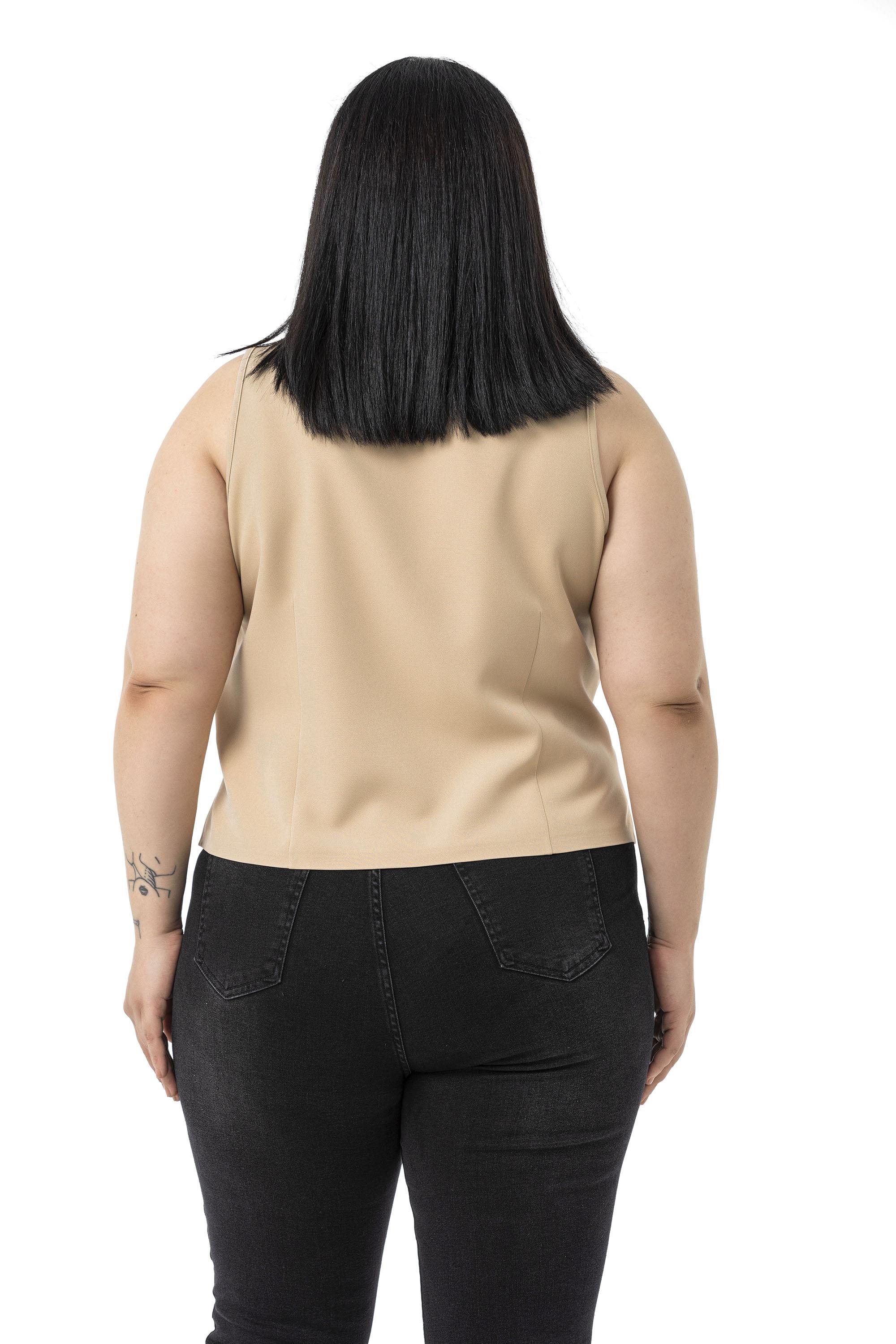 Büyük Beden Düğme Detaylı Vizon Bluzan Yelek