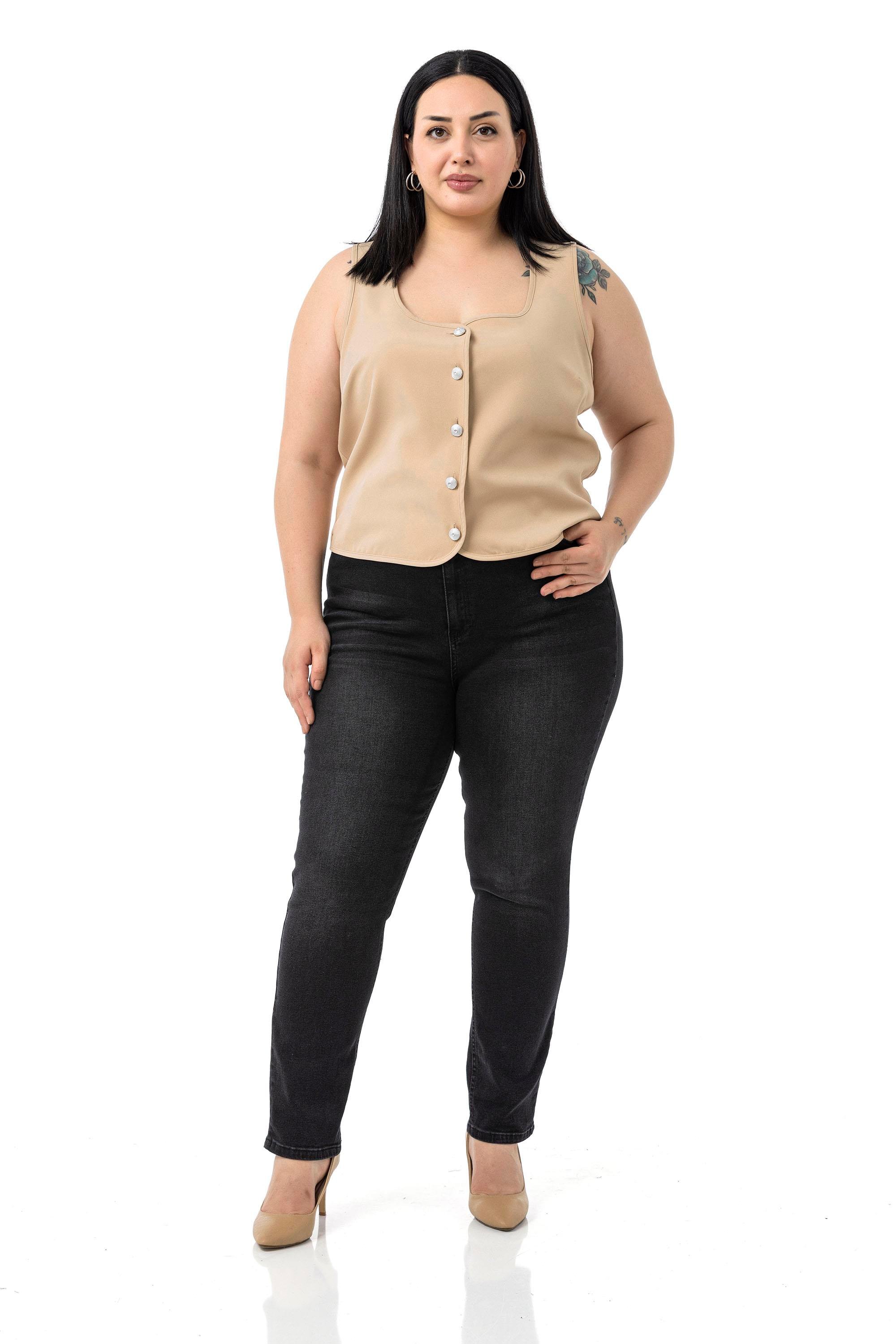 Büyük Beden Düğme Detaylı Vizon Bluzan Yelek