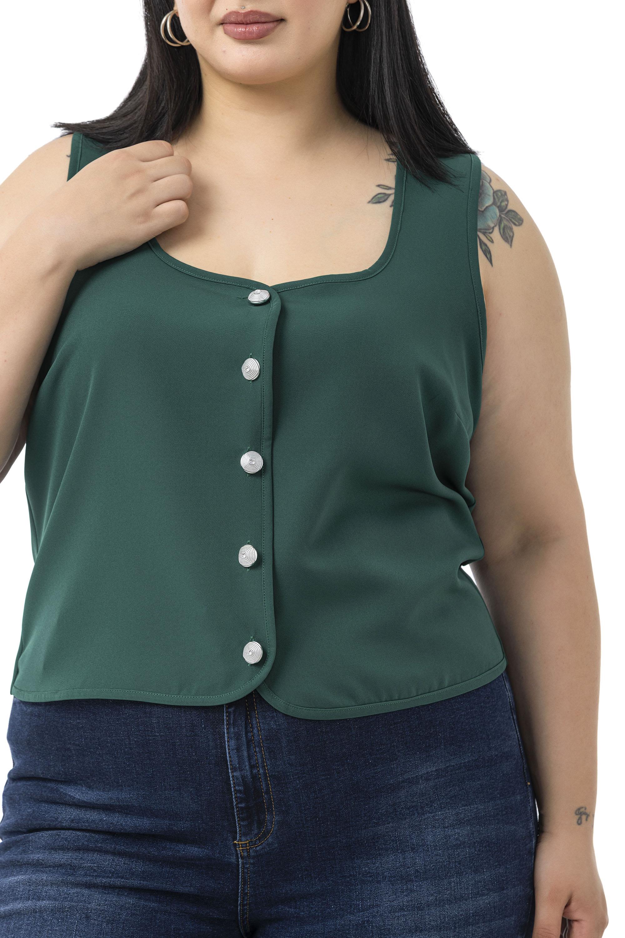 Büyük Beden Düğme Detaylı Zümrüt Yeşili Bluzan Yelek