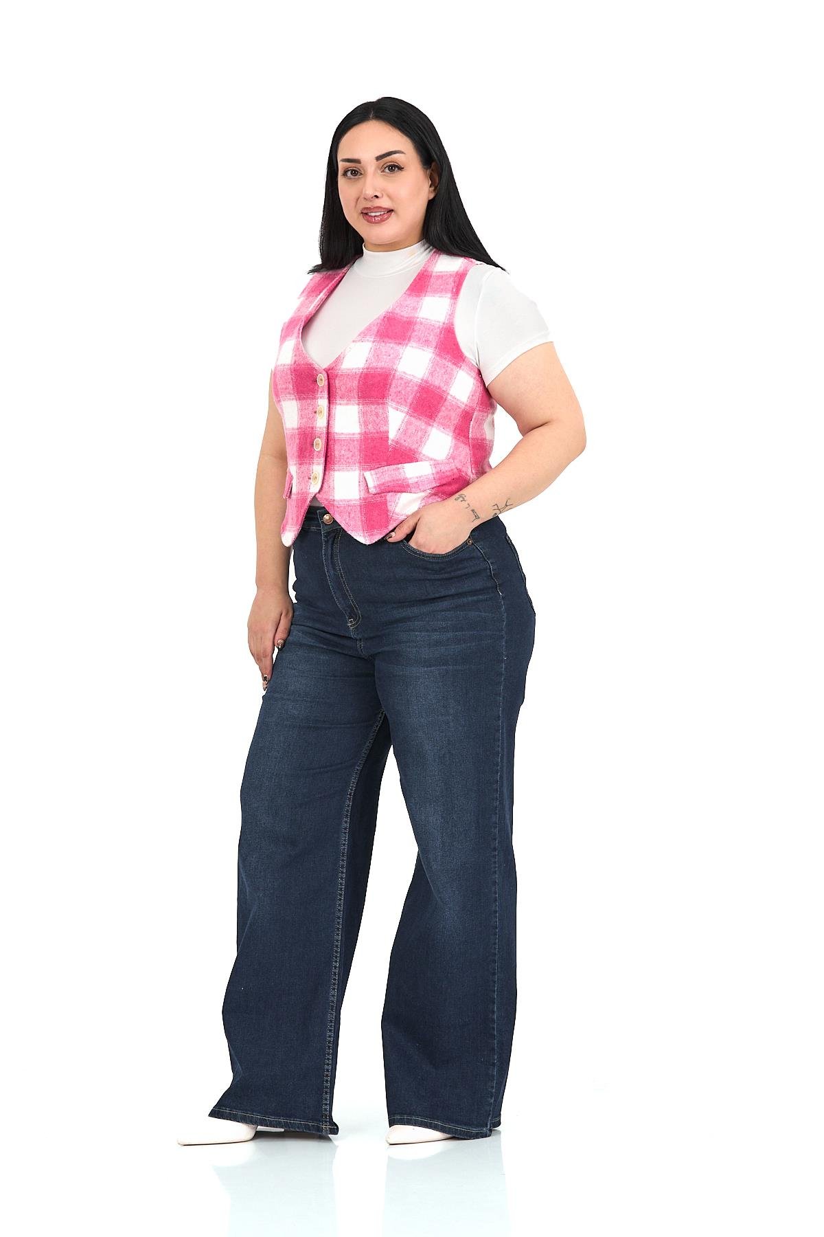 Büyük Beden Düğme Kapamalı Cep Kapaklı Astarlı Kısa Pembe Yelek