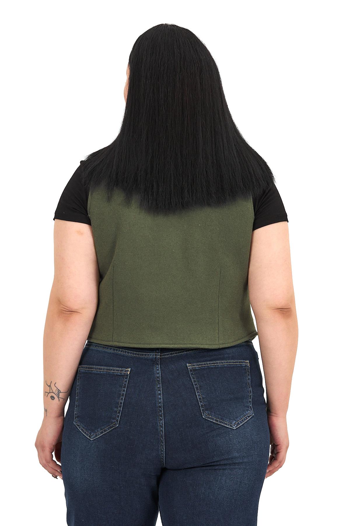 Büyük Beden Düğme Kapamalı Cep Kapaklı Astarlı Kısa Kaşe Haki Yelek