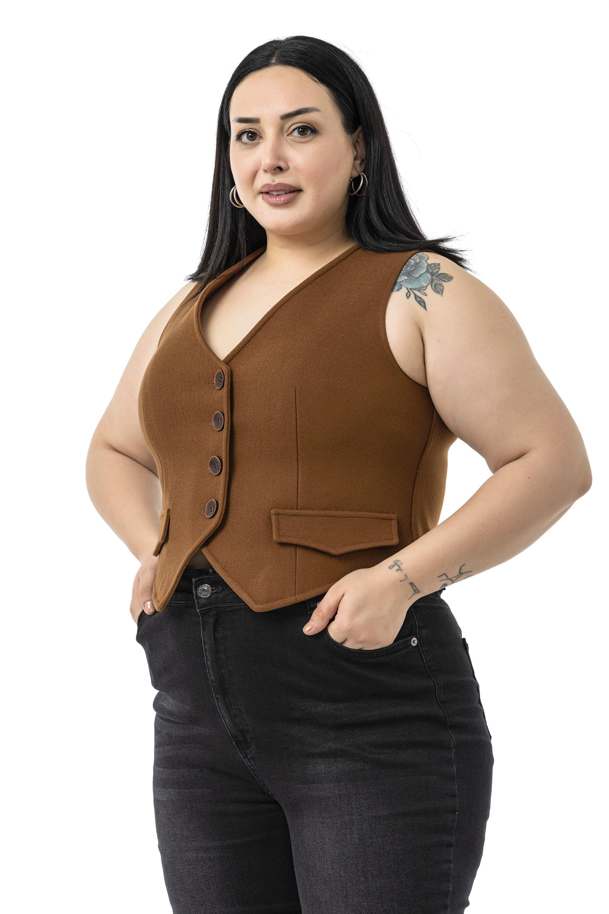 Büyük Beden Düğme Kapamalı Cep Kapaklı Astarlı Kısa Kaşe Taba Yelek