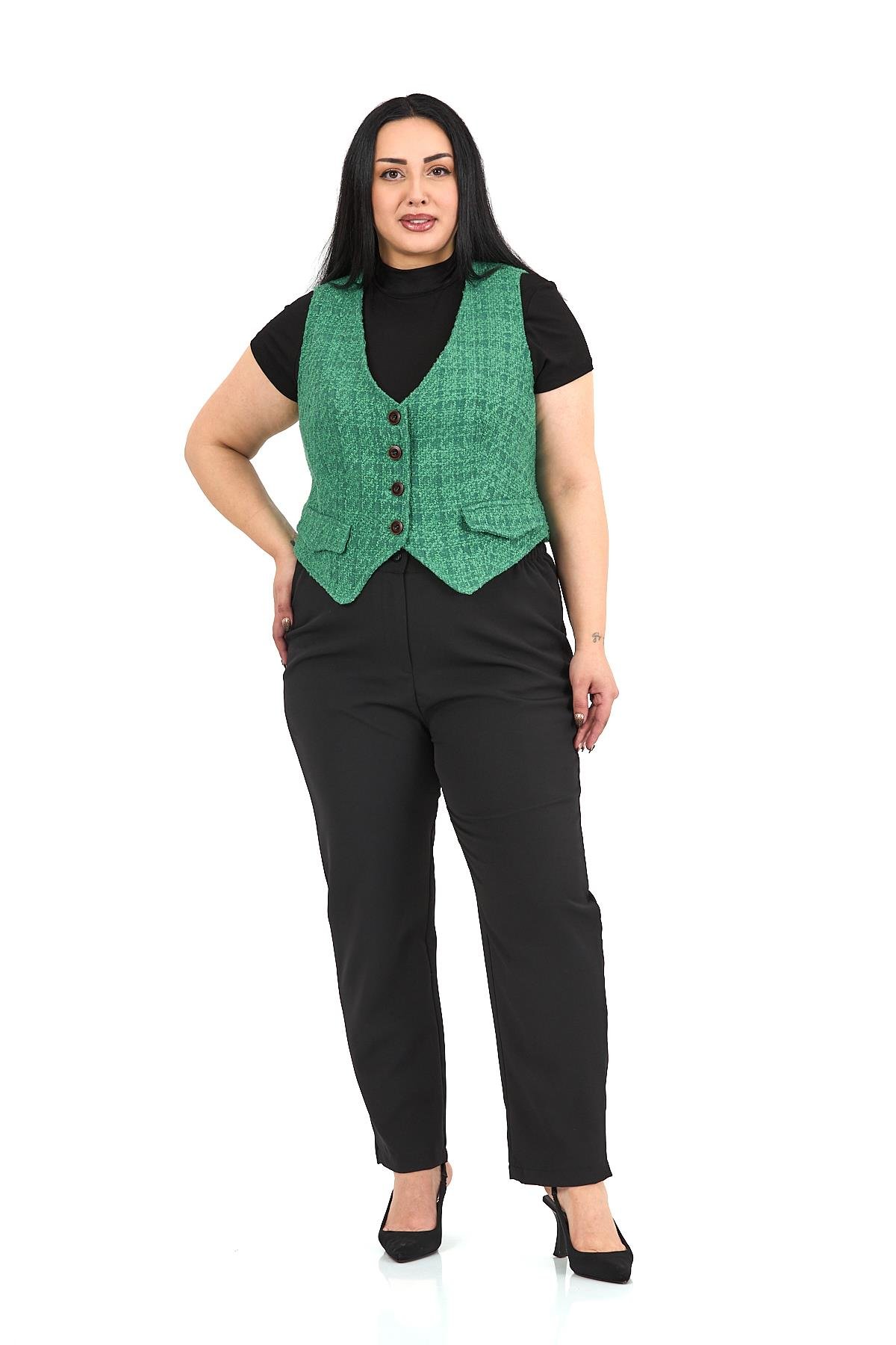 Büyük Beden Düğme Kapamalı Cep Kapaklı Astarlı Kısa Buklet Yeşil Yelek