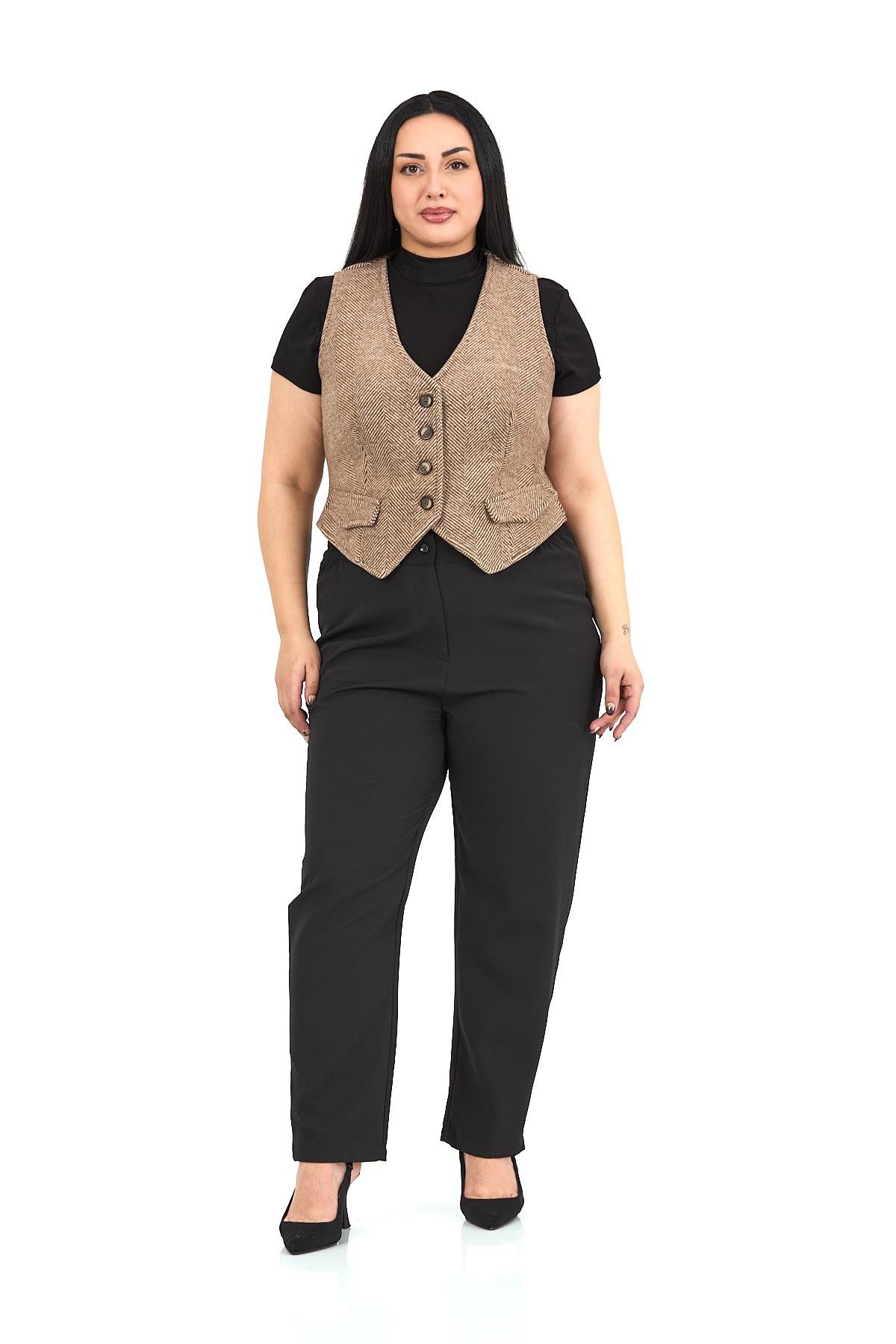 Büyük Beden Düğme Kapamalı Cep Kapaklı Astarlı Kısa Balıksırtı Vizon Yelek