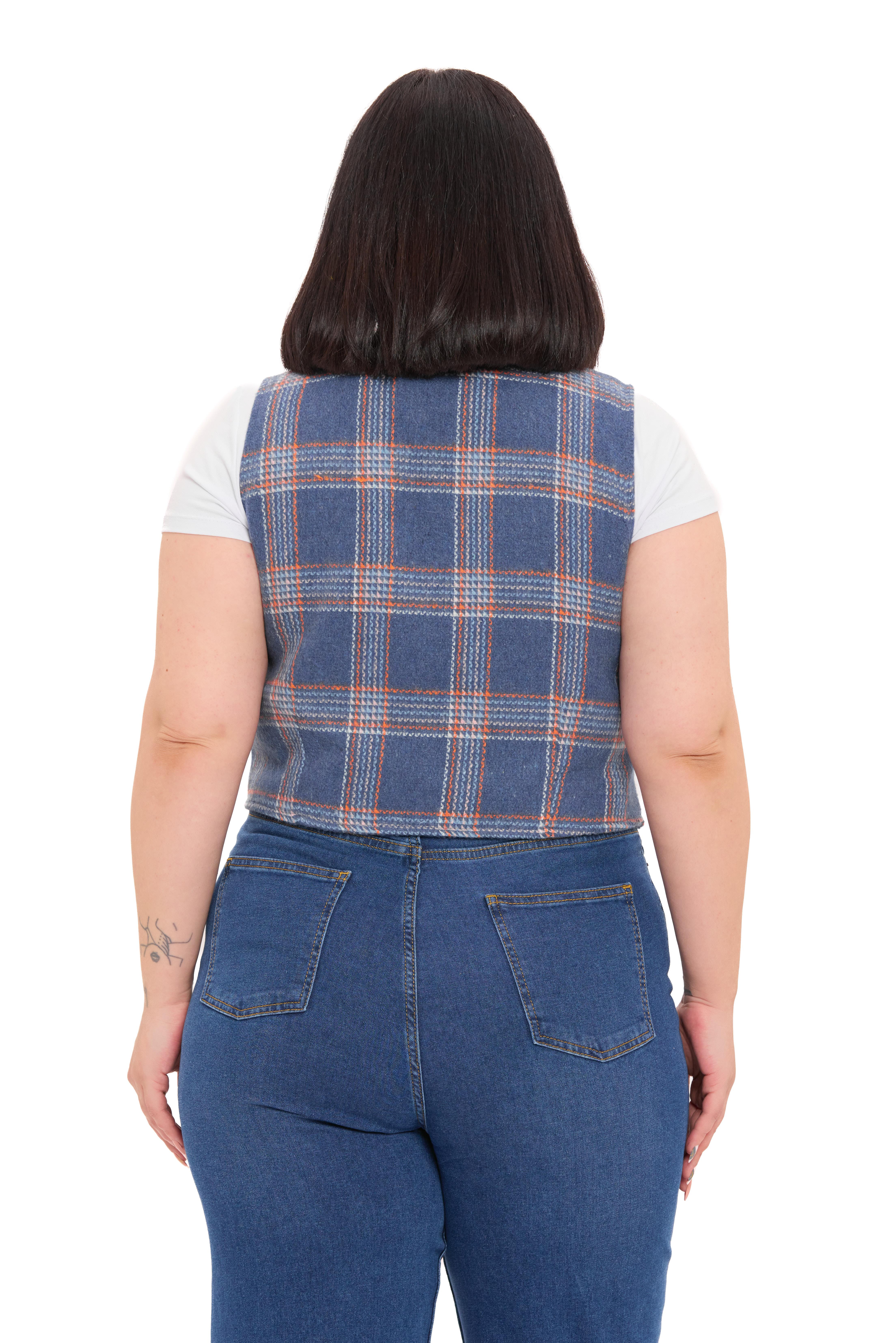 Büyük Beden Düğme Kapamalı Cep Kapaklı Astarlı Kısa İndigo Yelek