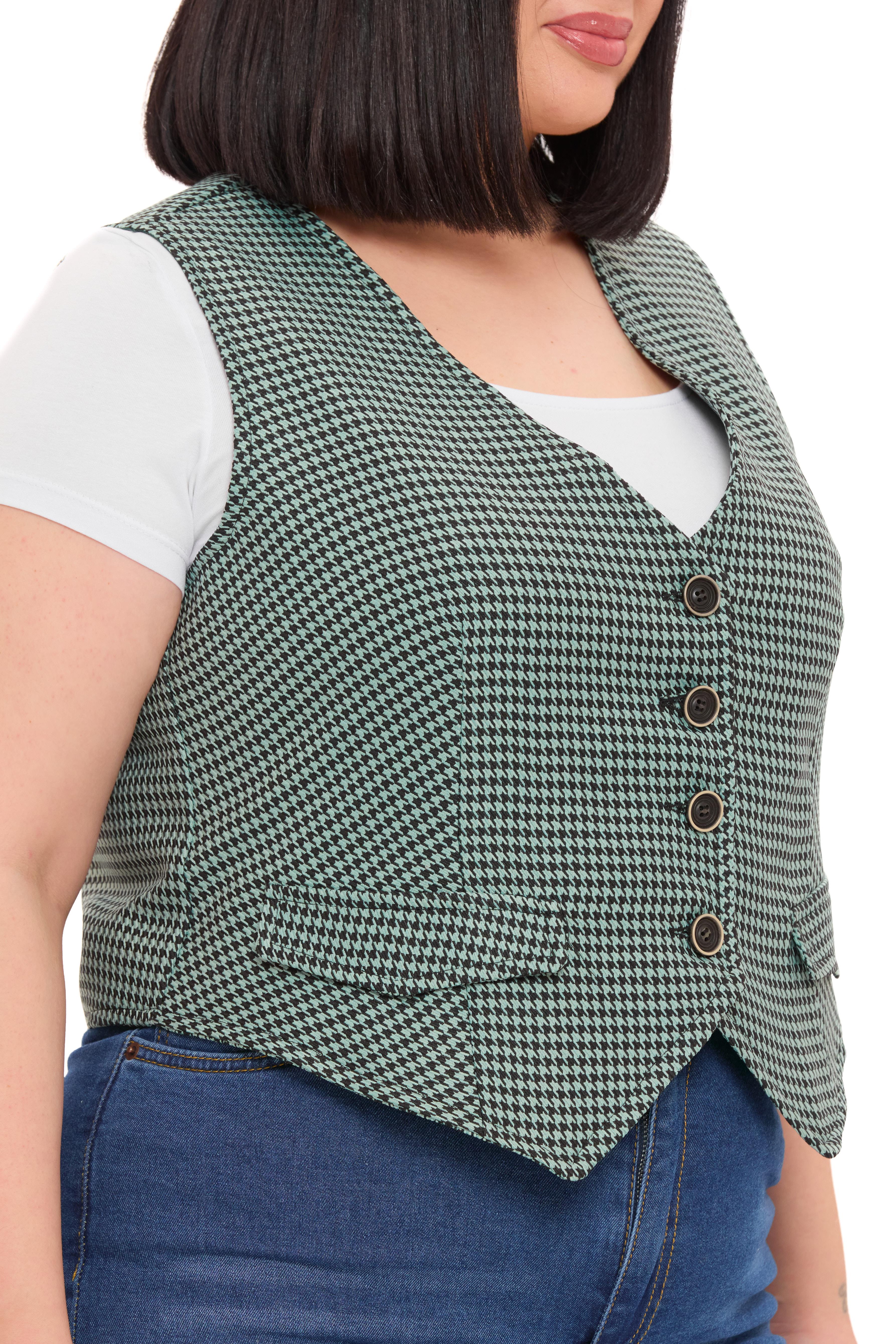 Büyük Beden Düğme Kapamalı Cep Kapaklı Astarlı Kısa Küçük Kazayağı Desenli Mint Yeşili Yelek