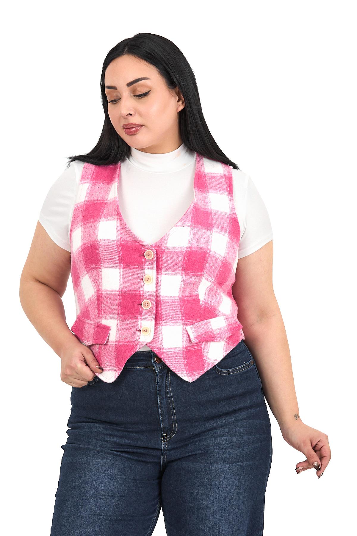 Büyük Beden Düğme Kapamalı Cep Kapaklı Astarlı Kısa Pembe Yelek