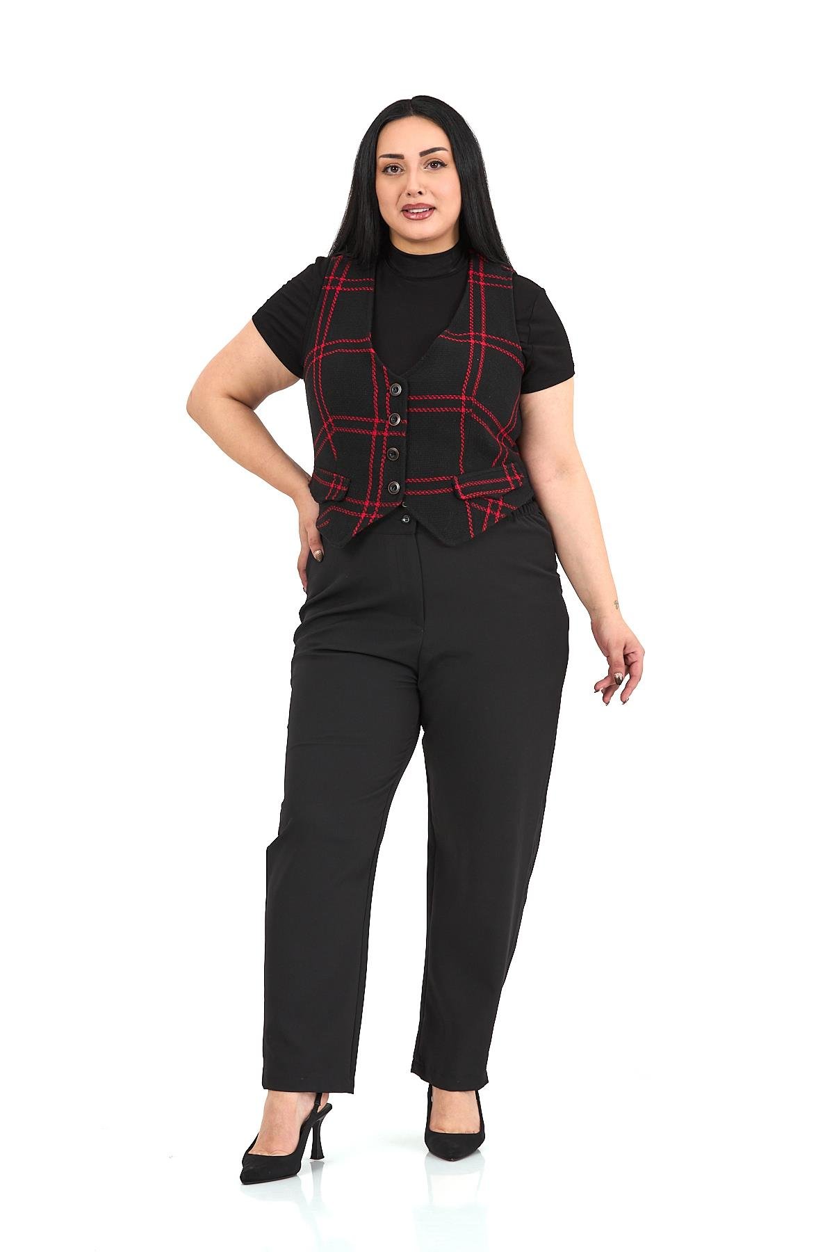 Büyük Beden Düğme Kapamalı Cep Kapaklı Astarlı Kısa Siyah Kırmızı Yelek