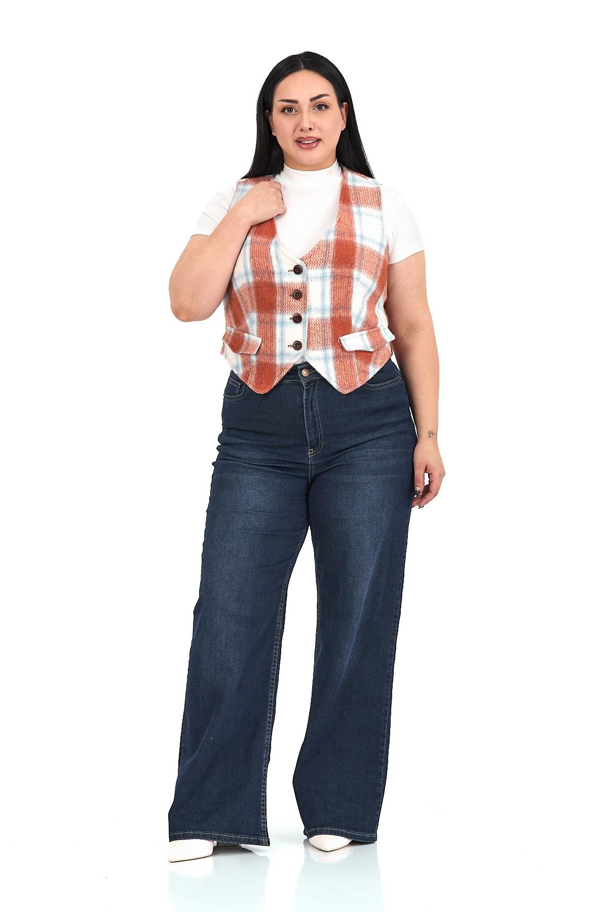 Büyük Beden Düğme Kapamalı Cep Kapaklı Astarlı Kısa Kiremit Yelek