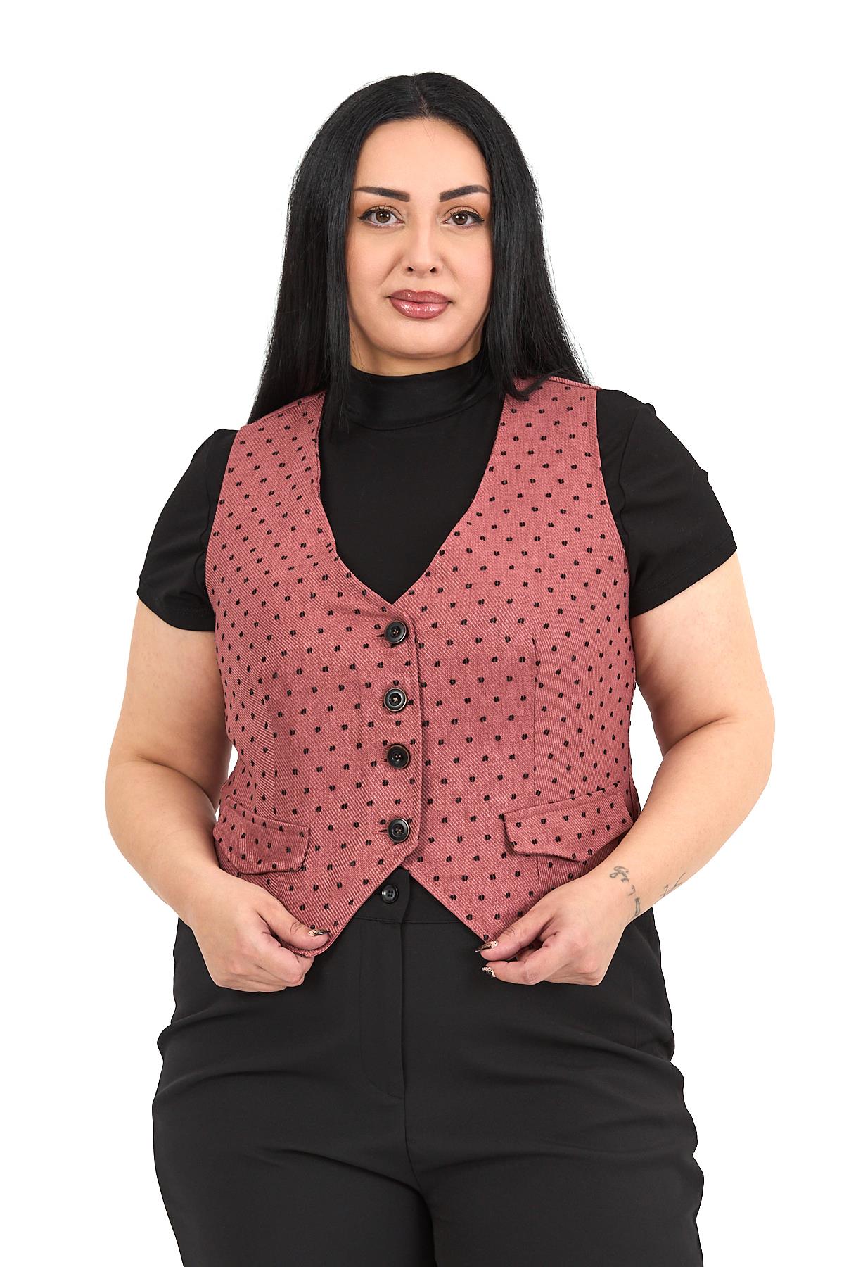 Büyük Beden Düğme Kapamalı Cep Kapaklı Astarlı Kısa Puanlı Gül Kurusu Yelek