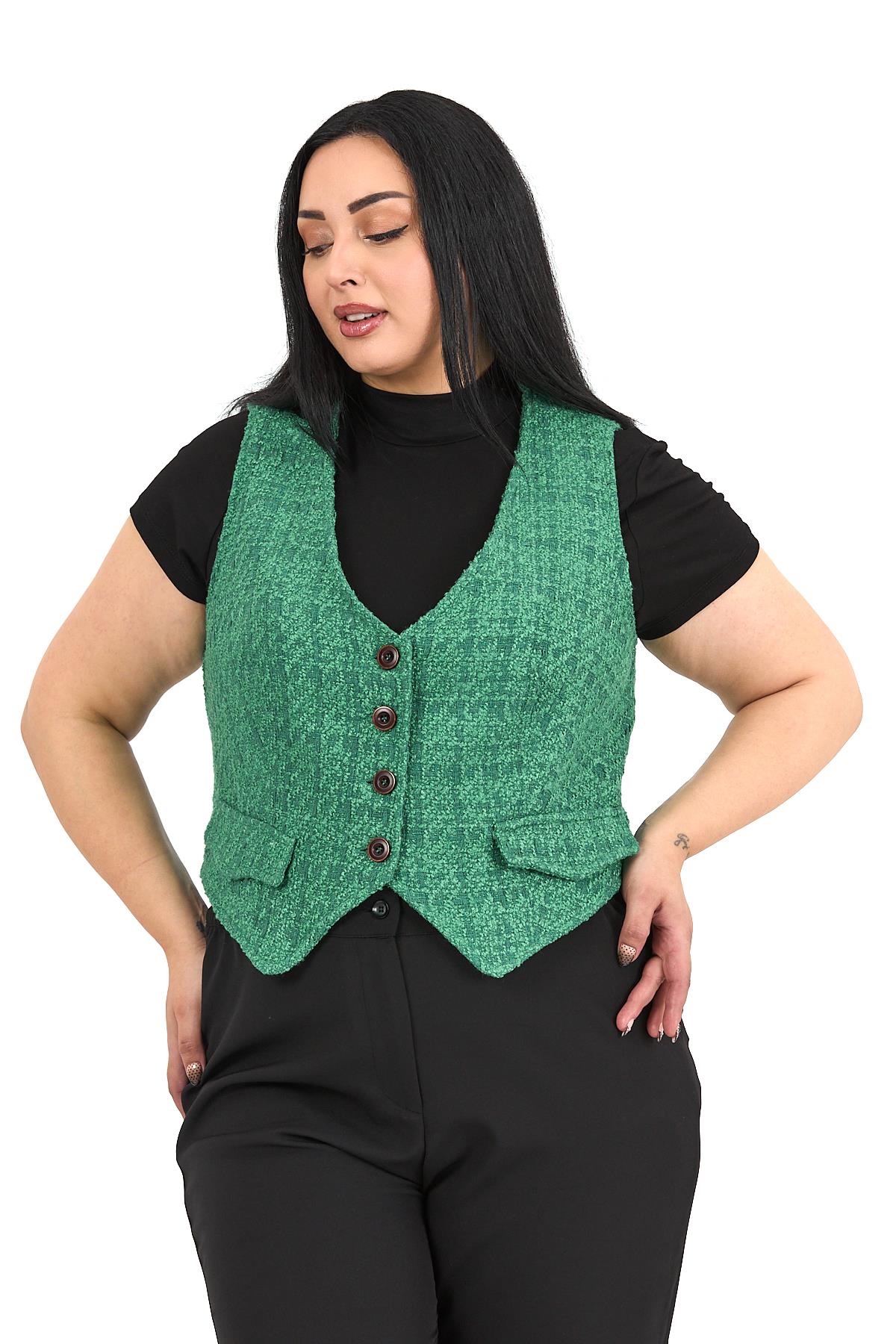 Büyük Beden Düğme Kapamalı Cep Kapaklı Astarlı Kısa Buklet Yeşil Yelek