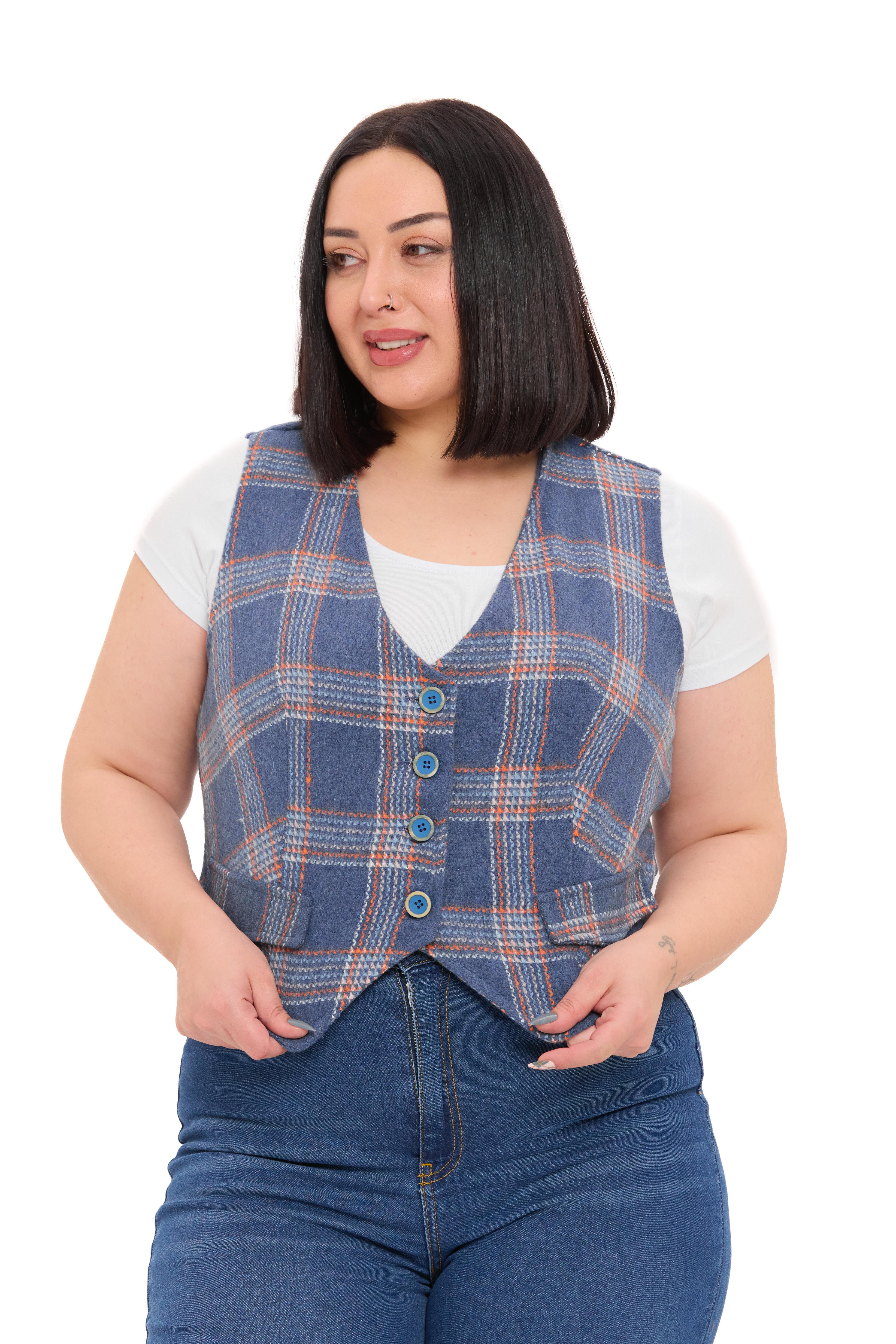 Büyük Beden Düğme Kapamalı Cep Kapaklı Astarlı Kısa İndigo Yelek