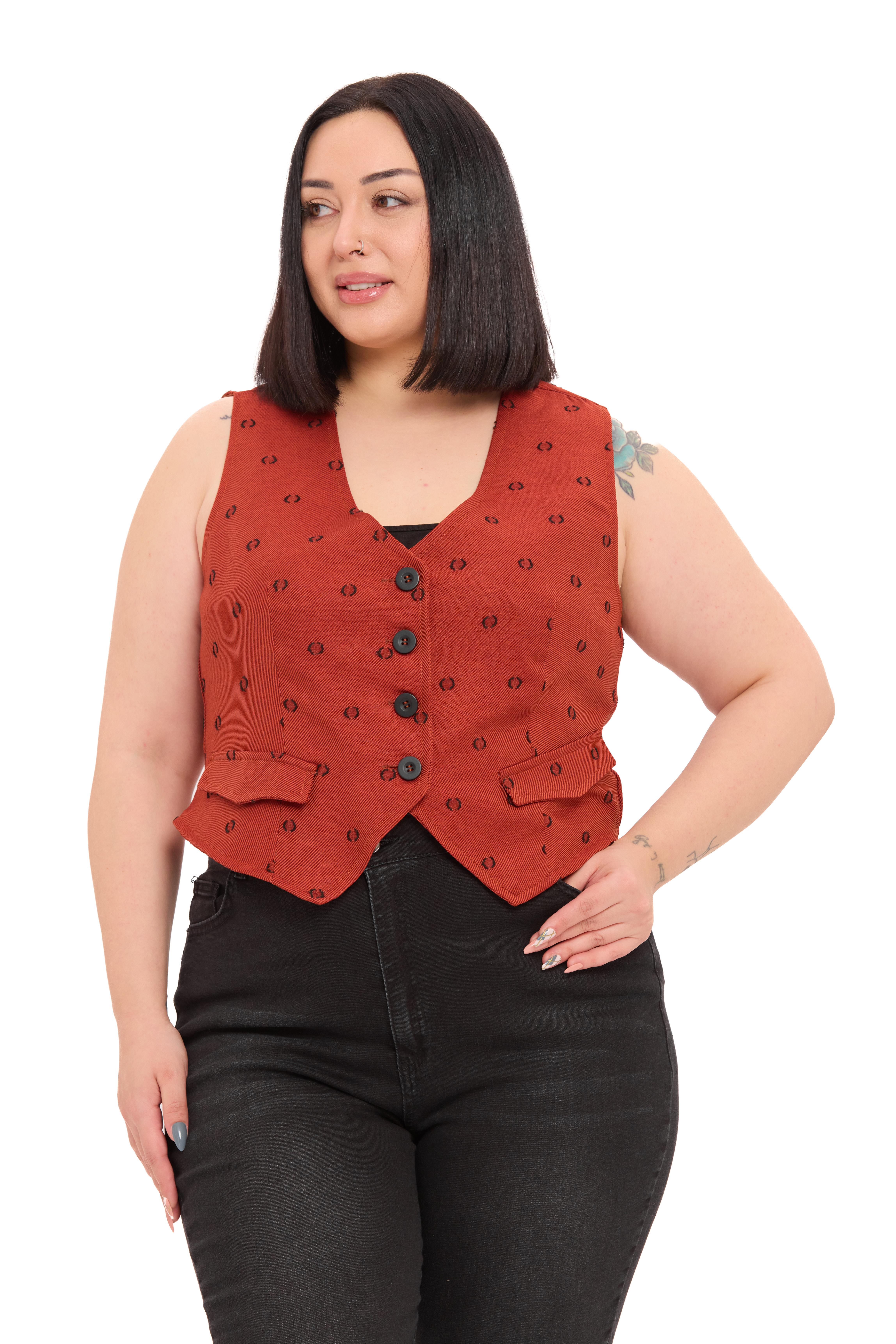 Büyük Beden Düğme Kapamalı Cep Kapaklı Astarlı Kısa Kesme Puanlı Kiremit Yelek