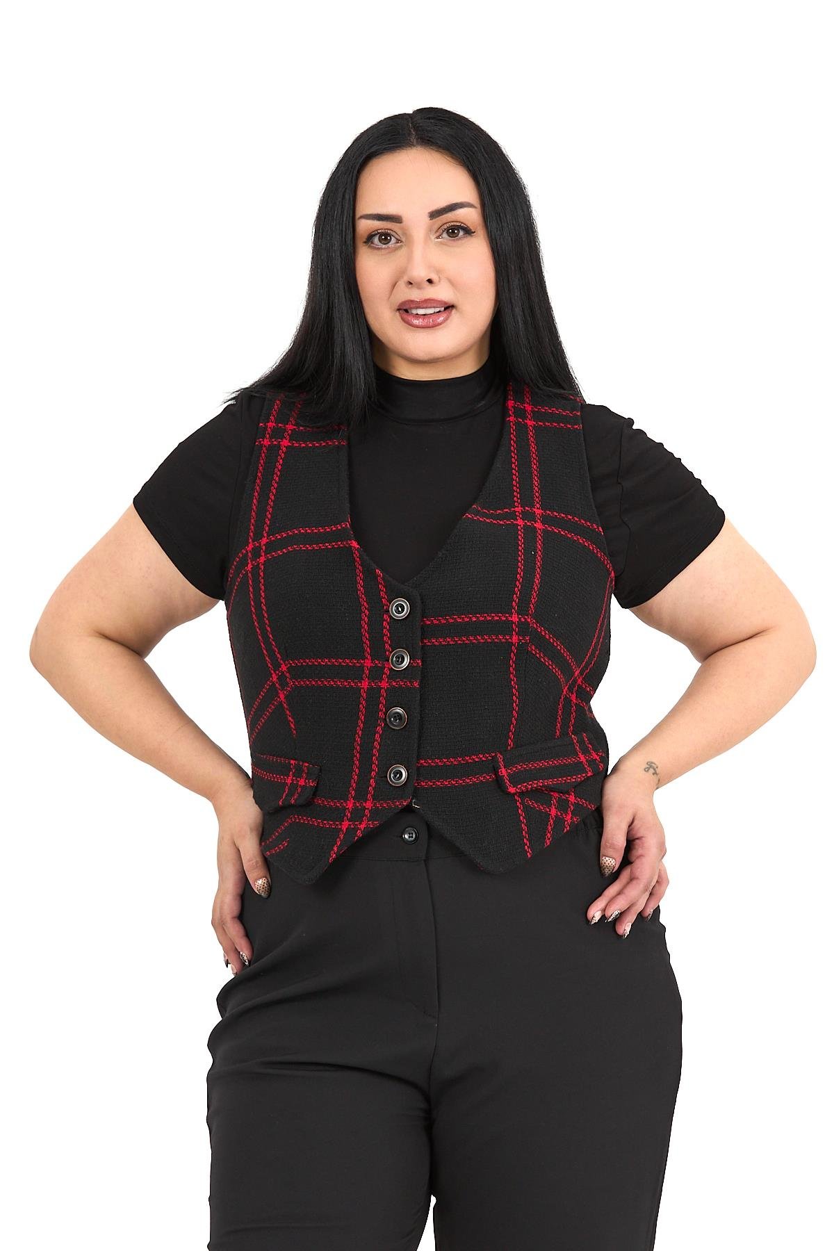 Büyük Beden Düğme Kapamalı Cep Kapaklı Astarlı Kısa Siyah Kırmızı Yelek
