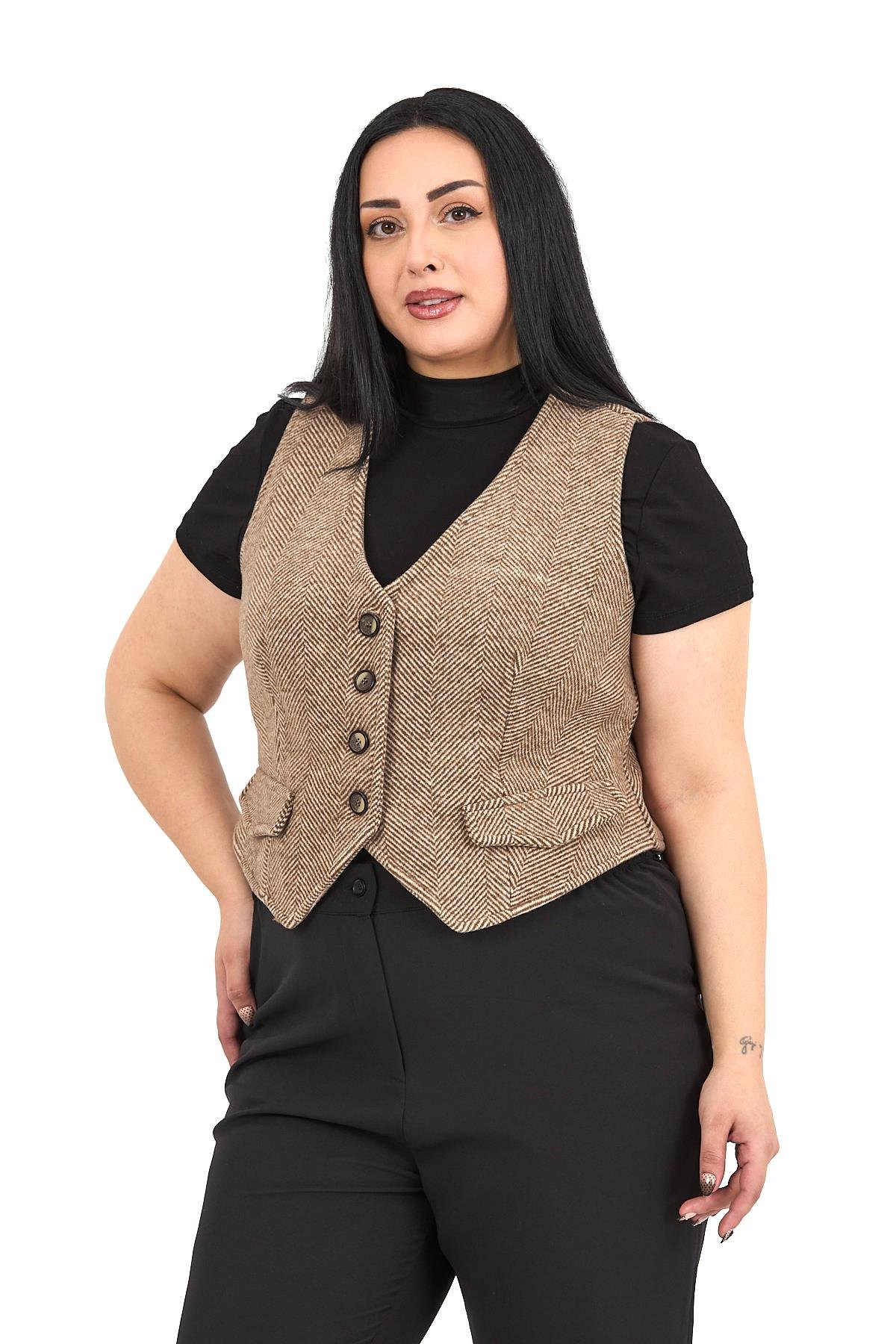 Büyük Beden Düğme Kapamalı Cep Kapaklı Astarlı Kısa Balıksırtı Vizon Yelek