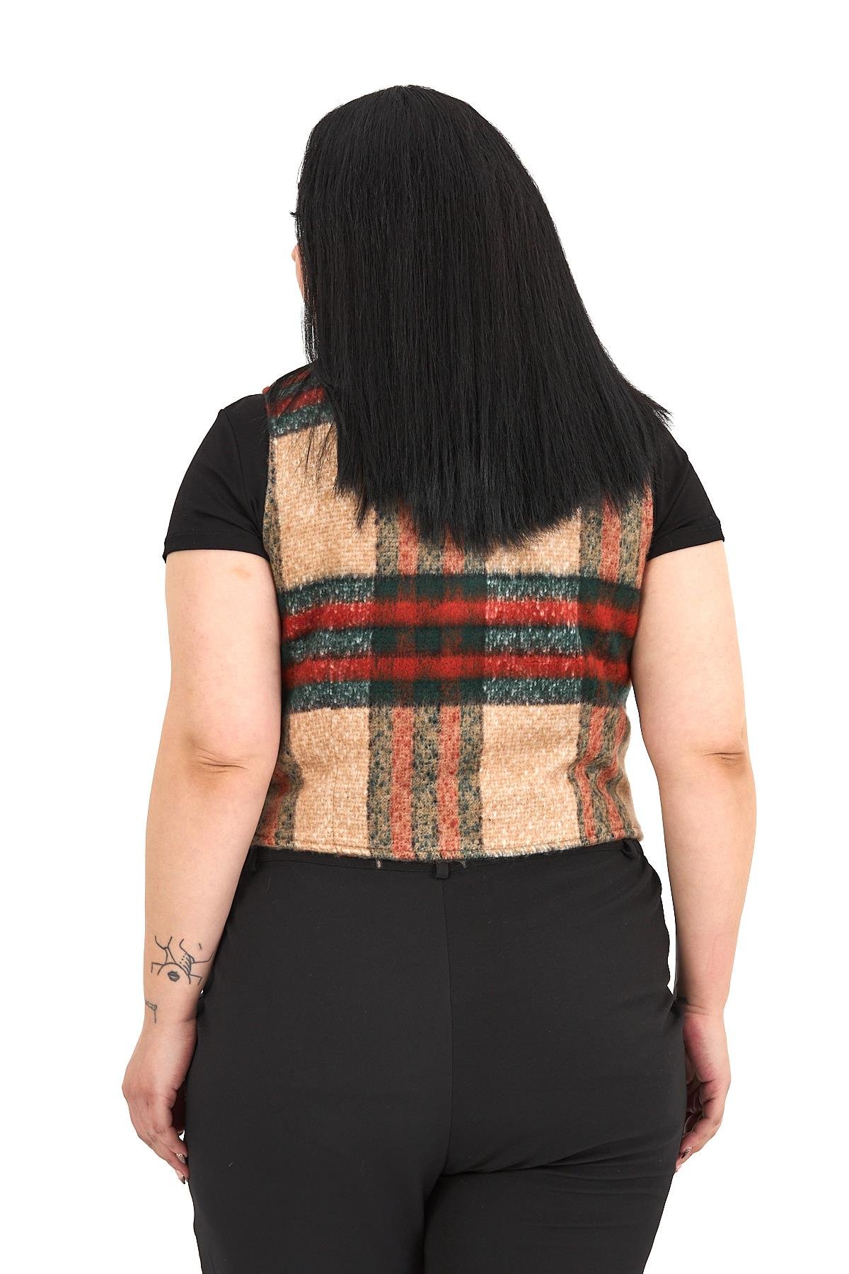 Büyük Beden Düğme Kapamalı Cep Kapaklı Astarlı Kısa Çizgili Kaşe Vizon Yelek