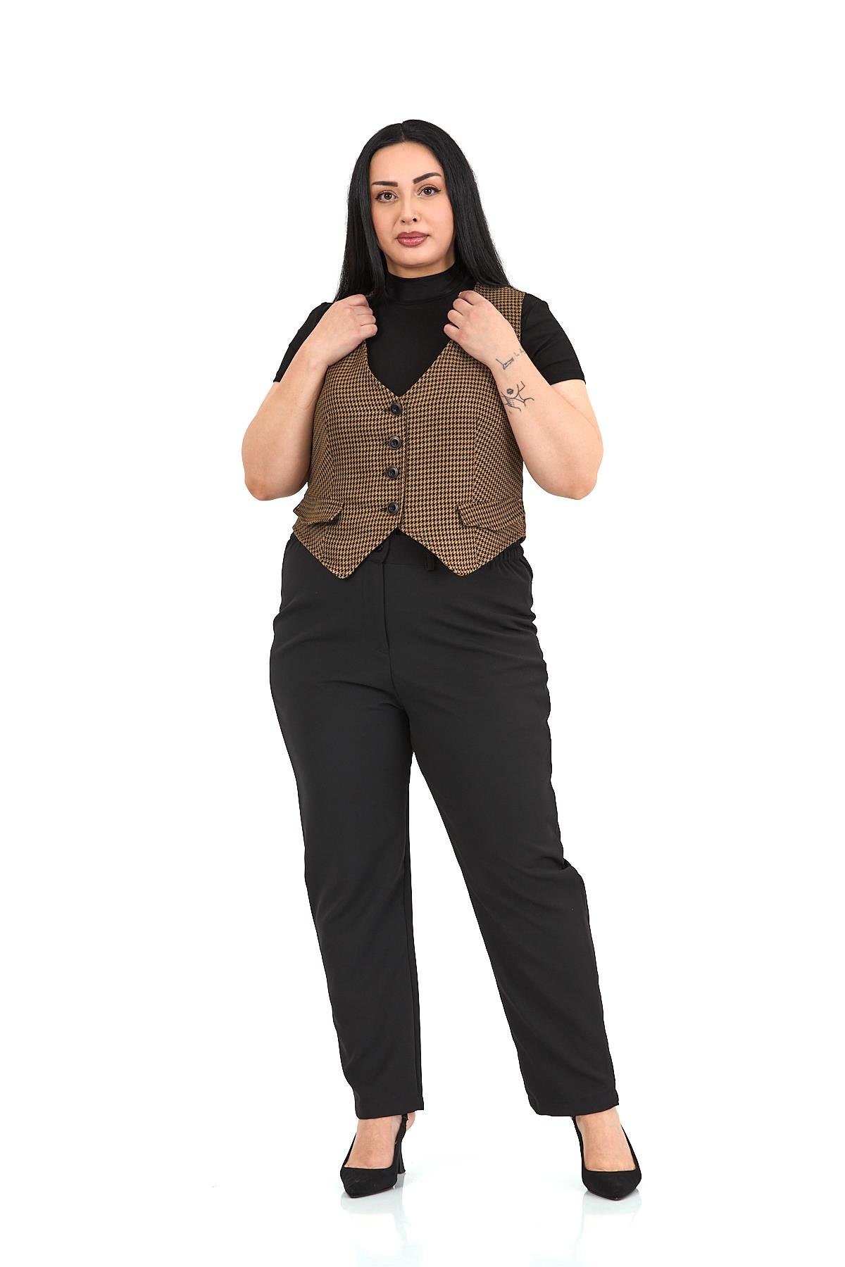 Büyük Beden Düğme Kapamalı Cep Kapaklı Astarlı Kısa Küçük Kazayağı Desenli Vizon Yelek