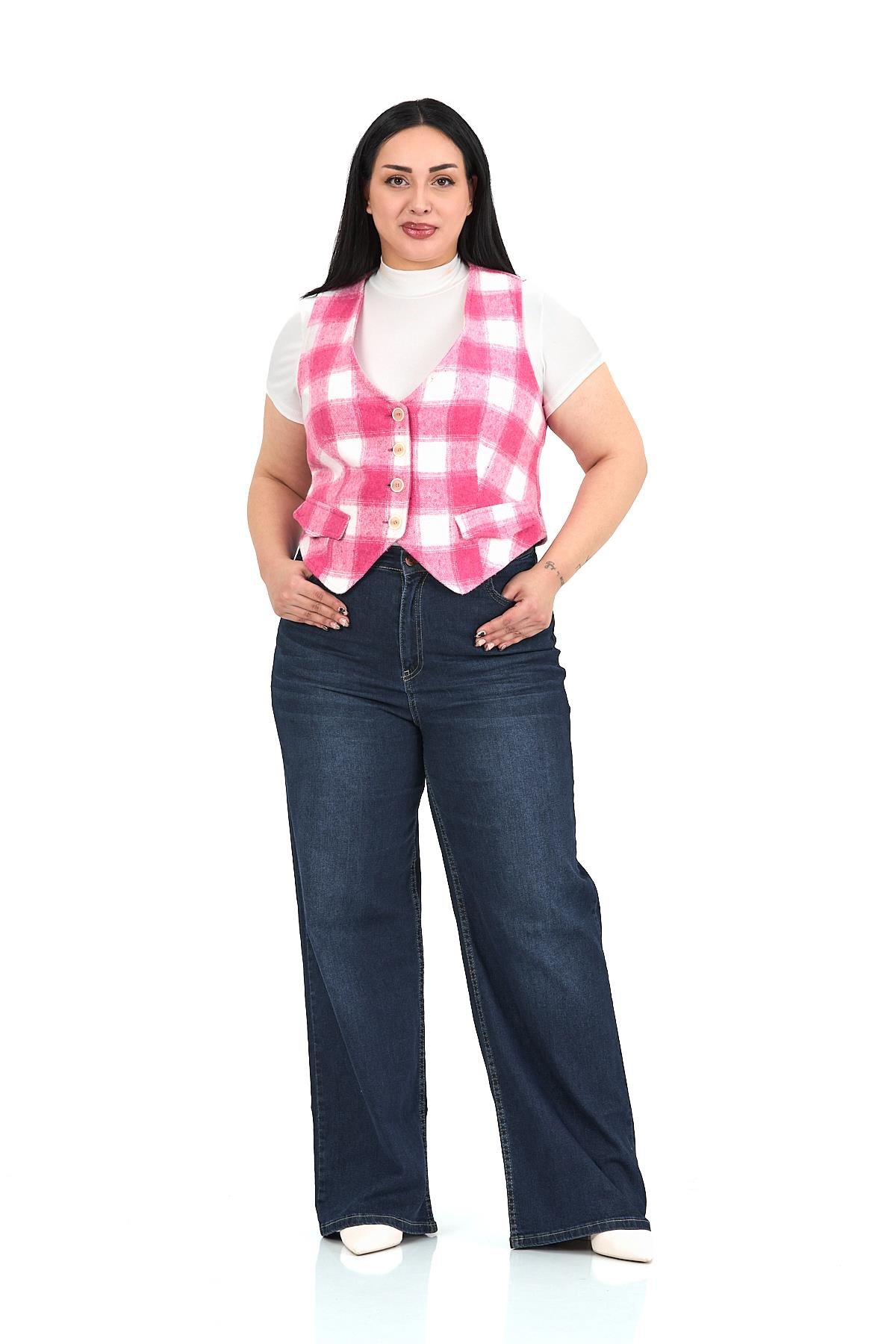 Büyük Beden Düğme Kapamalı Cep Kapaklı Astarlı Kısa Pembe Yelek