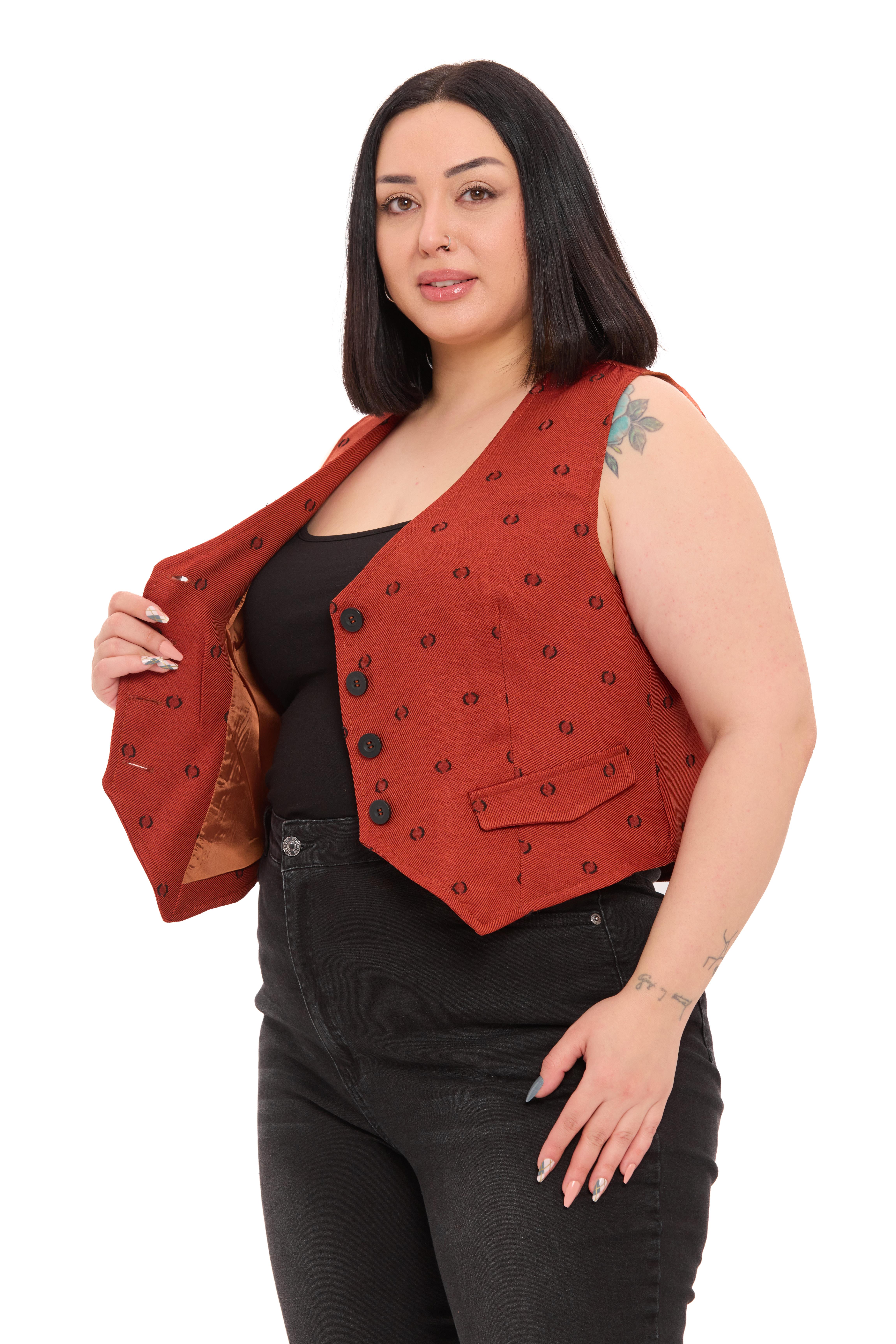 Büyük Beden Düğme Kapamalı Cep Kapaklı Astarlı Kısa Kesme Puanlı Kiremit Yelek