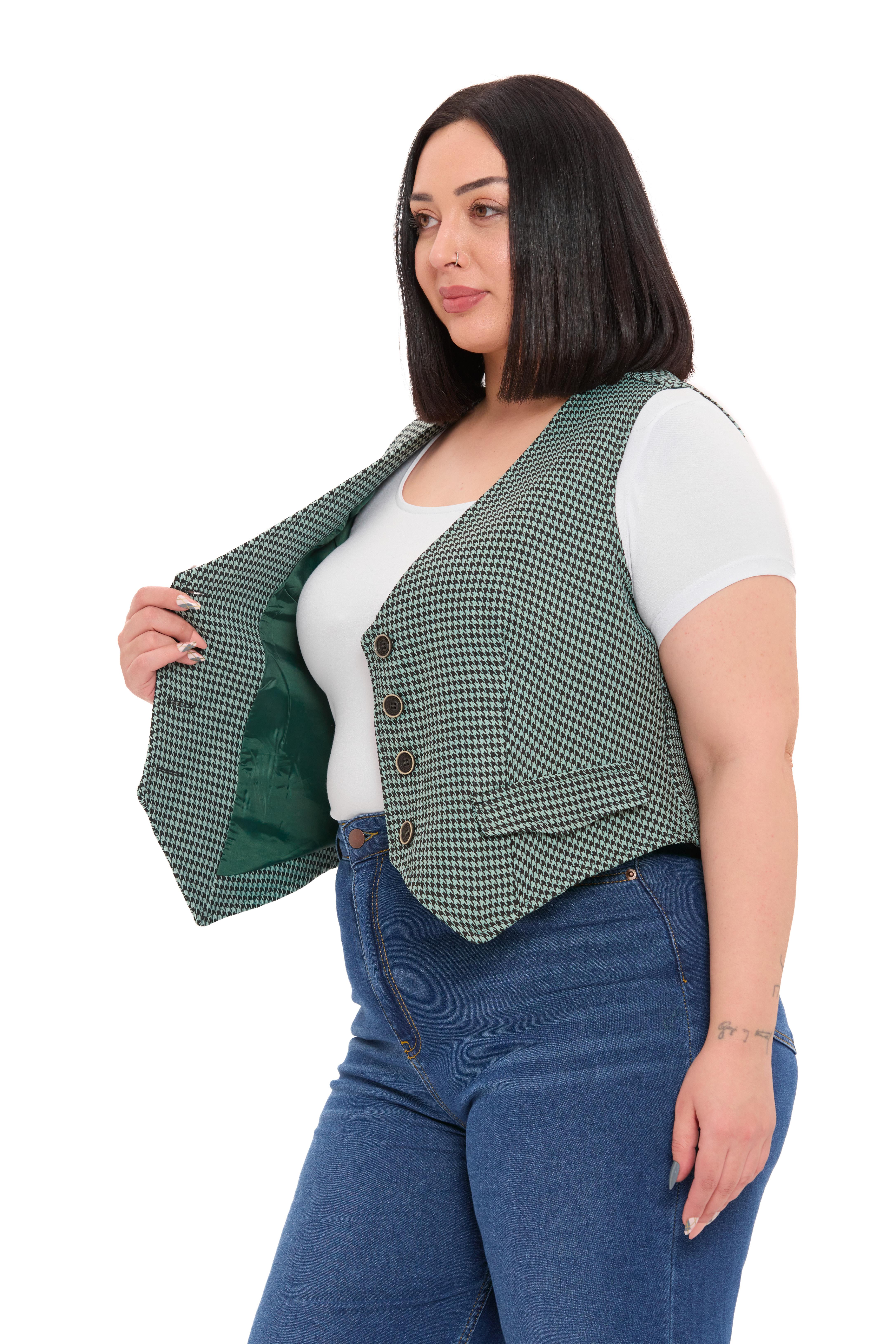 Büyük Beden Düğme Kapamalı Cep Kapaklı Astarlı Kısa Küçük Kazayağı Desenli Mint Yeşili Yelek