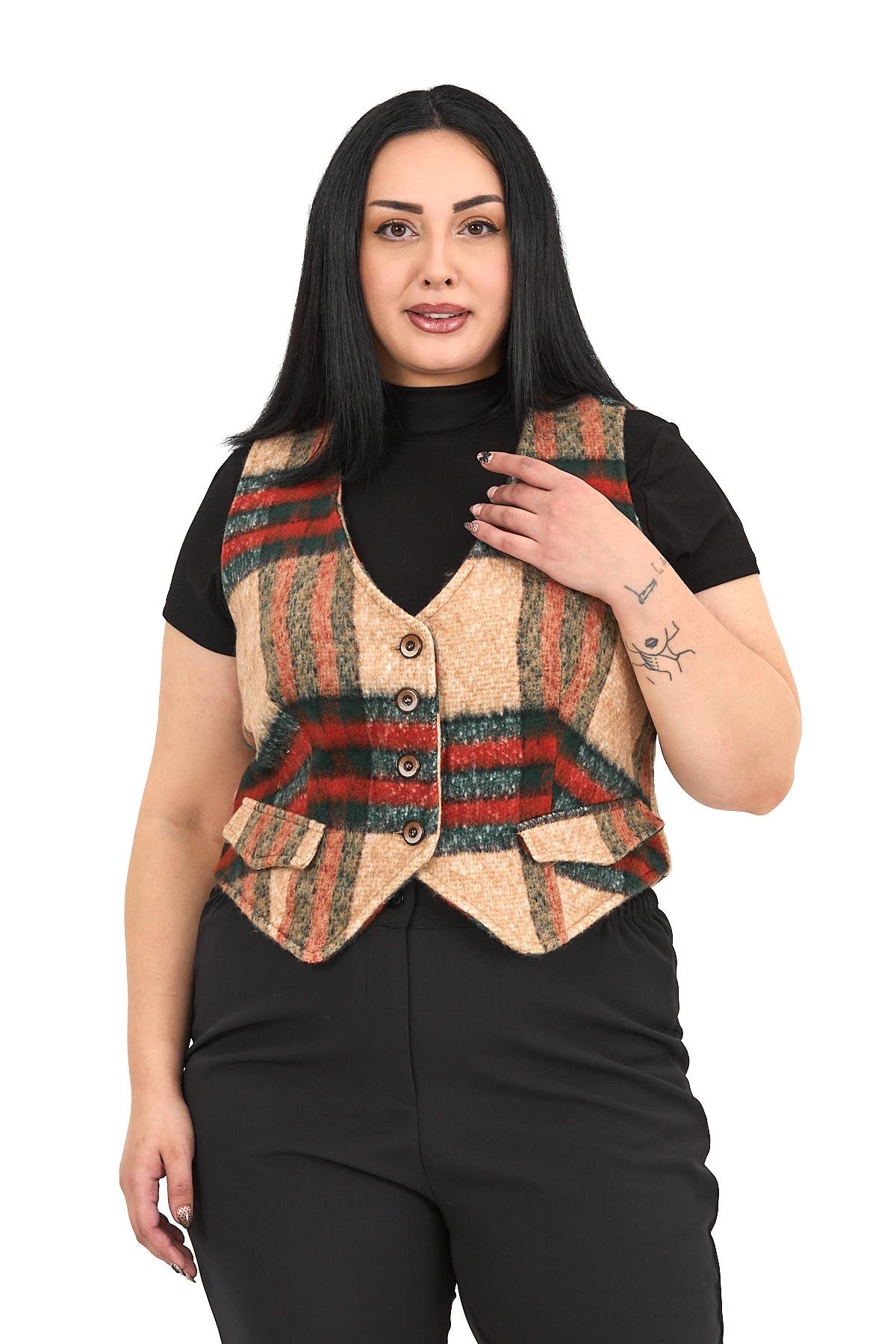 Büyük Beden Düğme Kapamalı Cep Kapaklı Astarlı Kısa Çizgili Kaşe Vizon Yelek