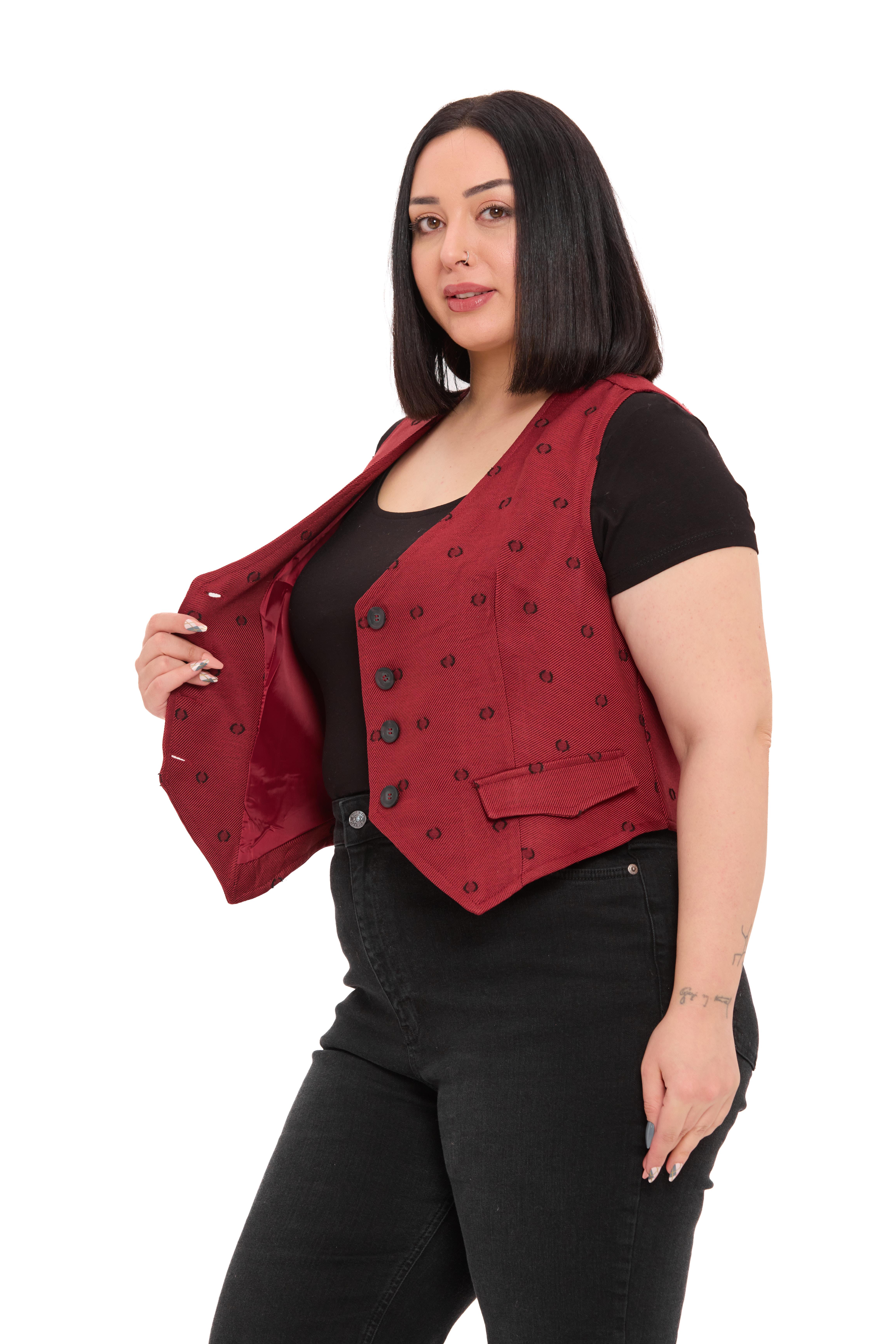 Büyük Beden Düğme Kapamalı Cep Kapaklı Astarlı Kısa Kesme Puanlı Bordo Yelek