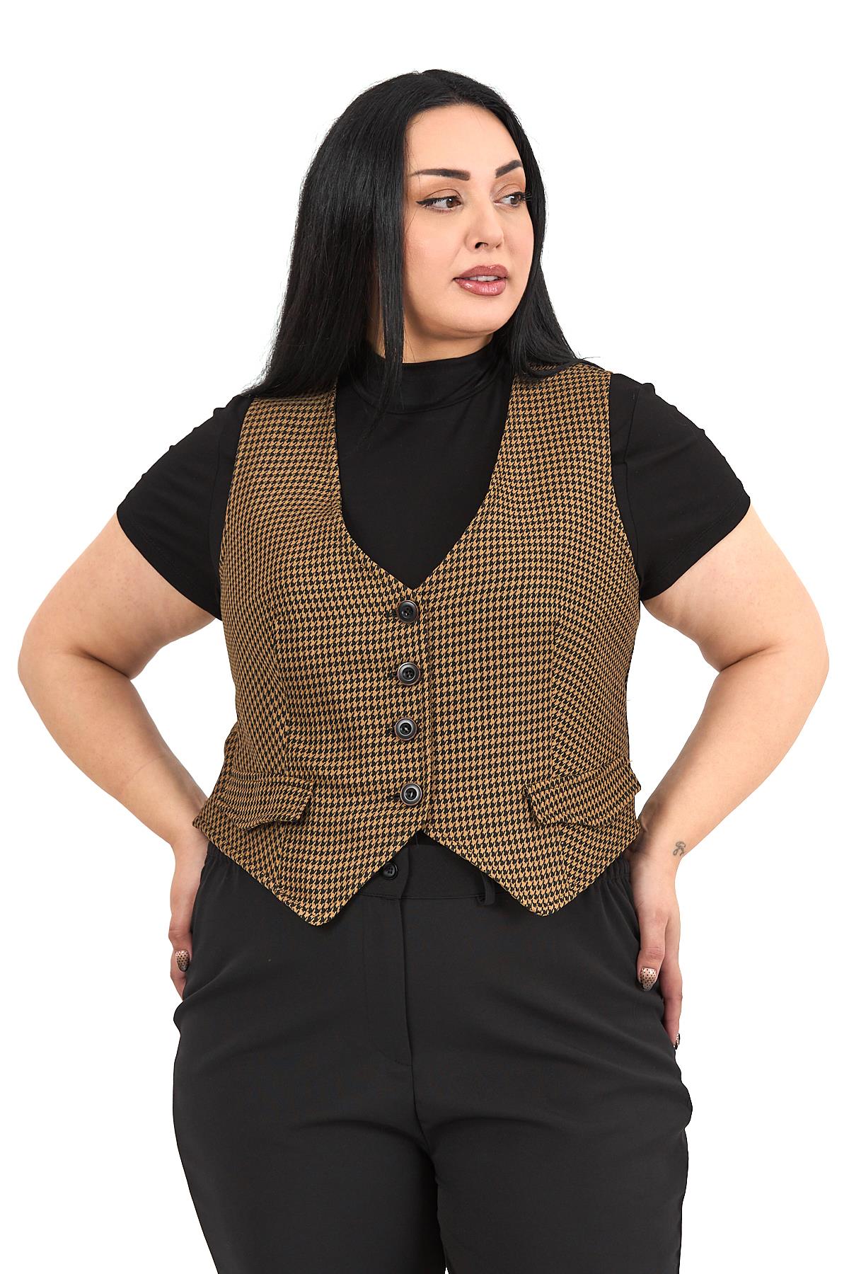 Büyük Beden Düğme Kapamalı Cep Kapaklı Astarlı Kısa Küçük Kazayağı Desenli Vizon Yelek