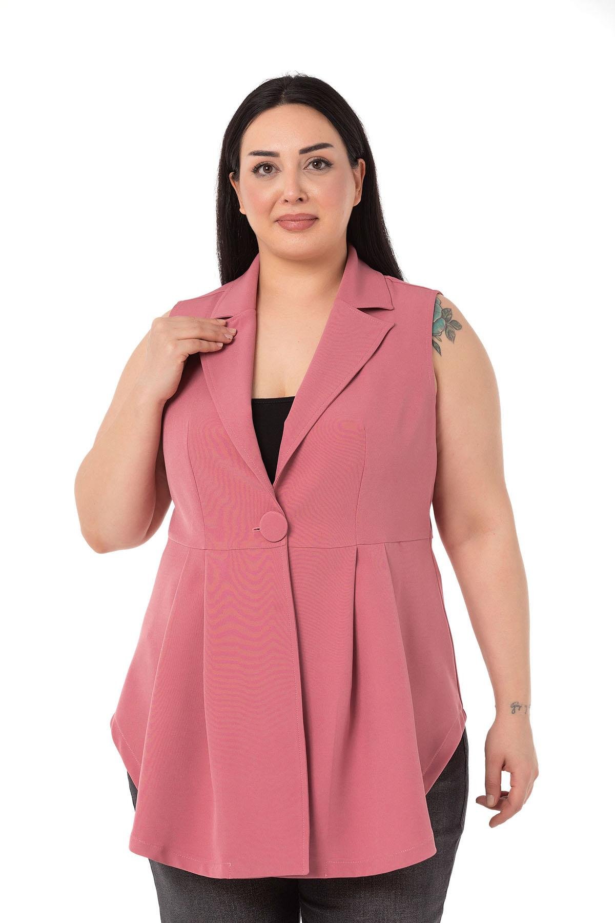 Büyük Beden Kaplama Düğmeli Eteği Pileli Arkası Kısa Gül Kurusu Yelek