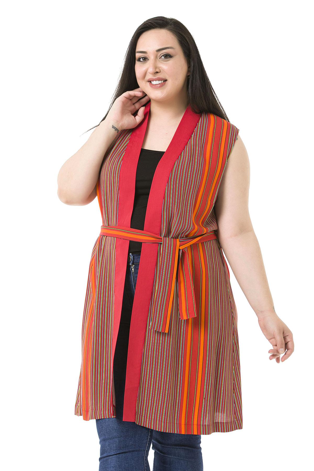 Büyük Beden Kuşak Detaylı Düğmesiz Tarçın Yelek 