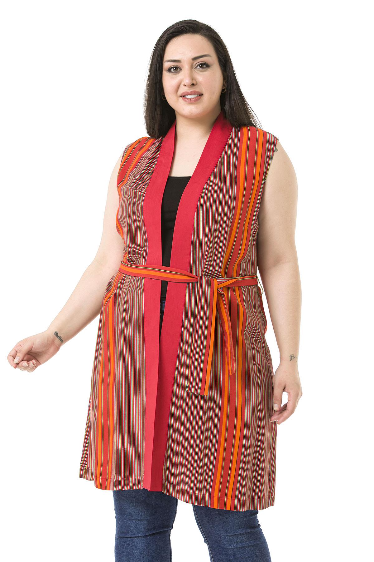 Büyük Beden Kuşak Detaylı Düğmesiz Tarçın Yelek 