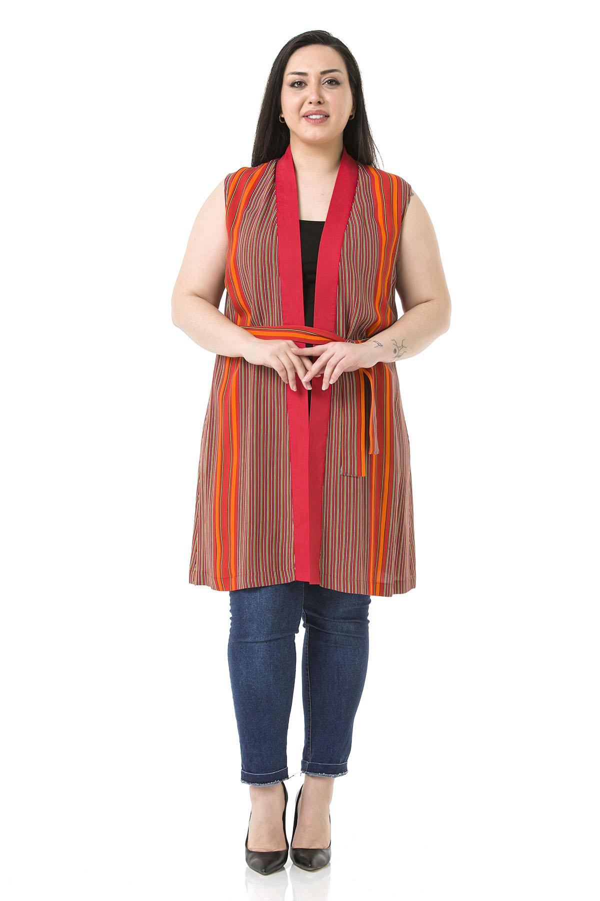 Büyük Beden Kuşak Detaylı Düğmesiz Tarçın Yelek 