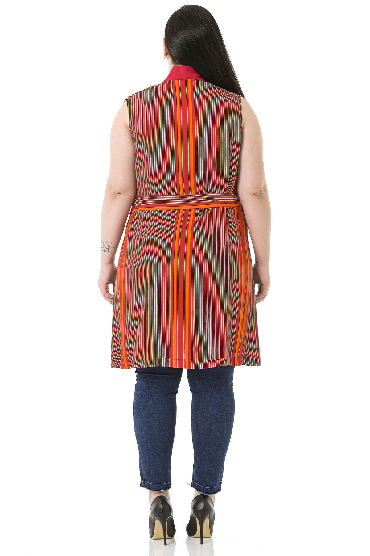 Büyük Beden Kuşak Detaylı Düğmesiz Tarçın Yelek 