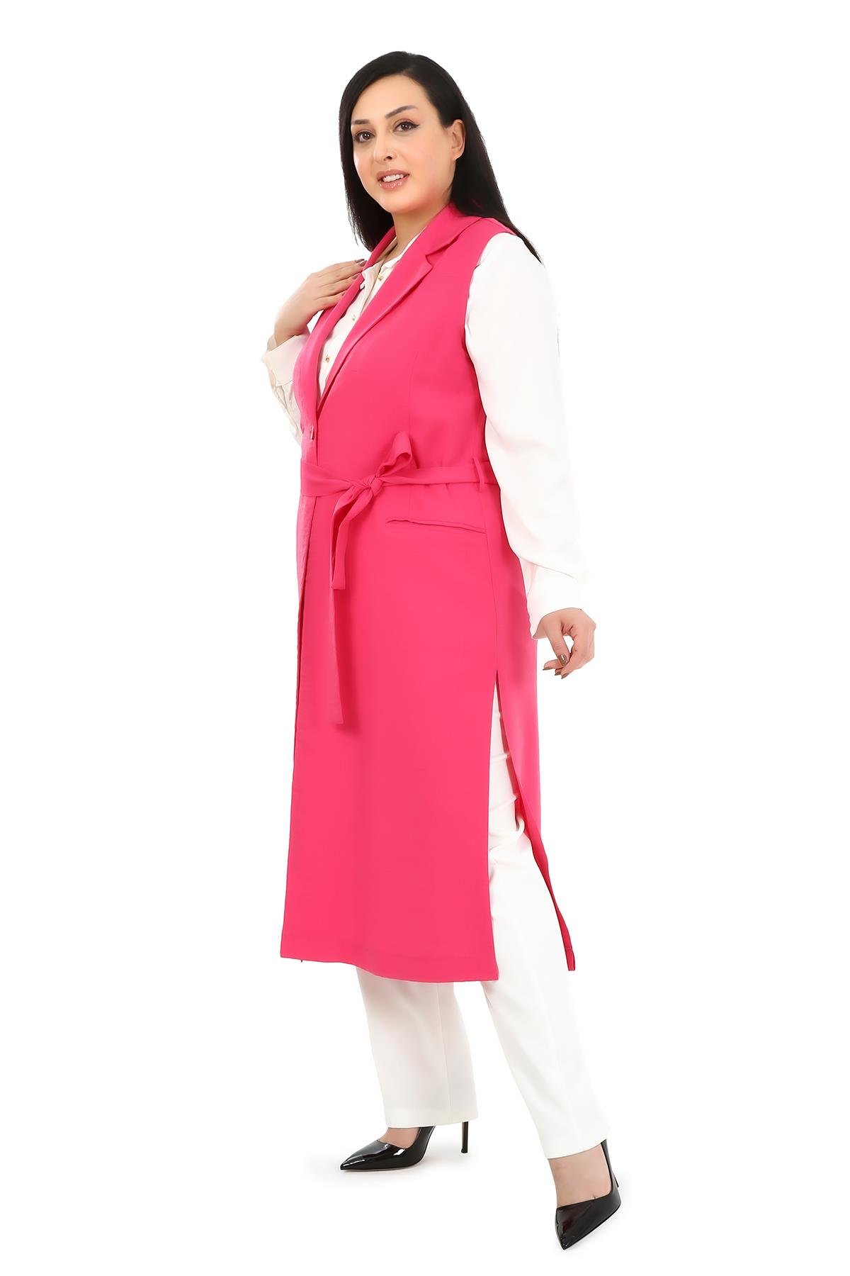 Büyük Beden Kuşak Detaylı Tek Düğmeli Cepli Fuşya Yelek 