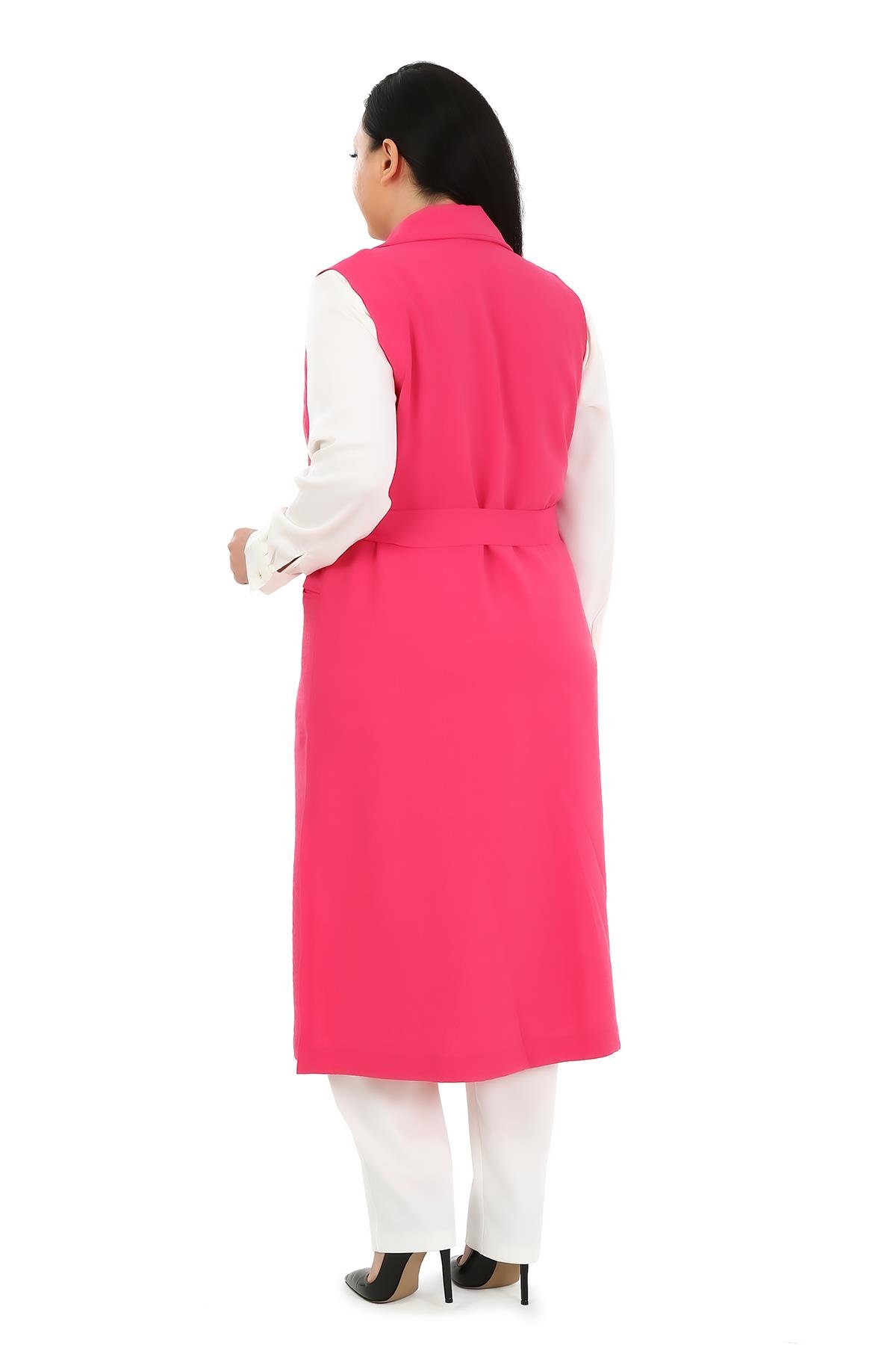 Büyük Beden Kuşak Detaylı Tek Düğmeli Cepli Fuşya Yelek 