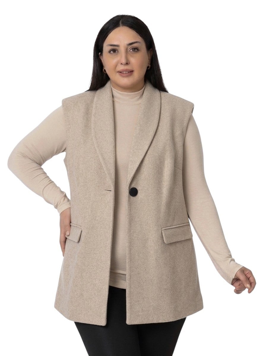 Büyük Beden Vatkalı Sahte Cepli Bej Rengi Yelek