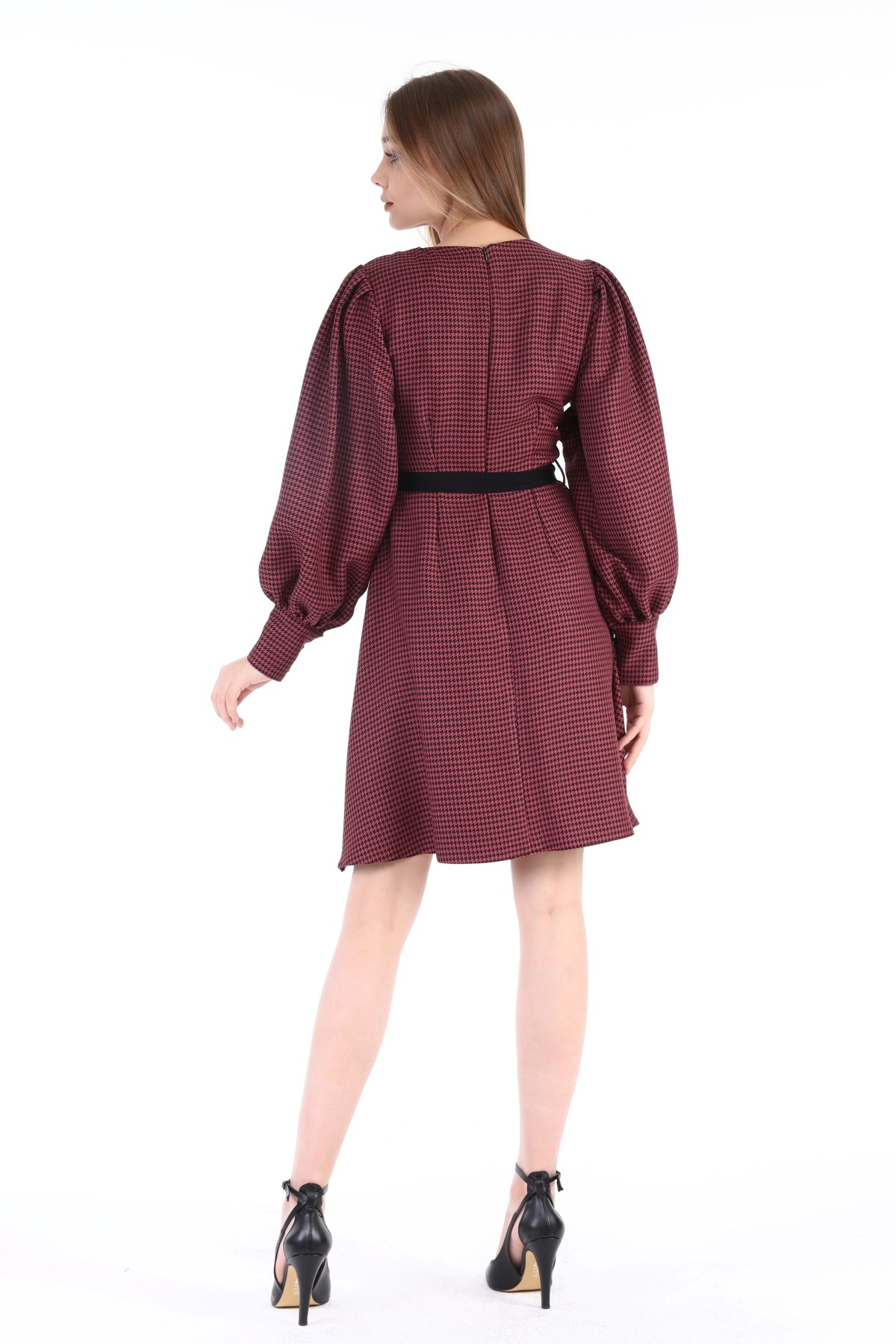 Round Neck Sleeves Pleated Wide Cuffs Zipper Houndstooth Patterned Black Plum Dress