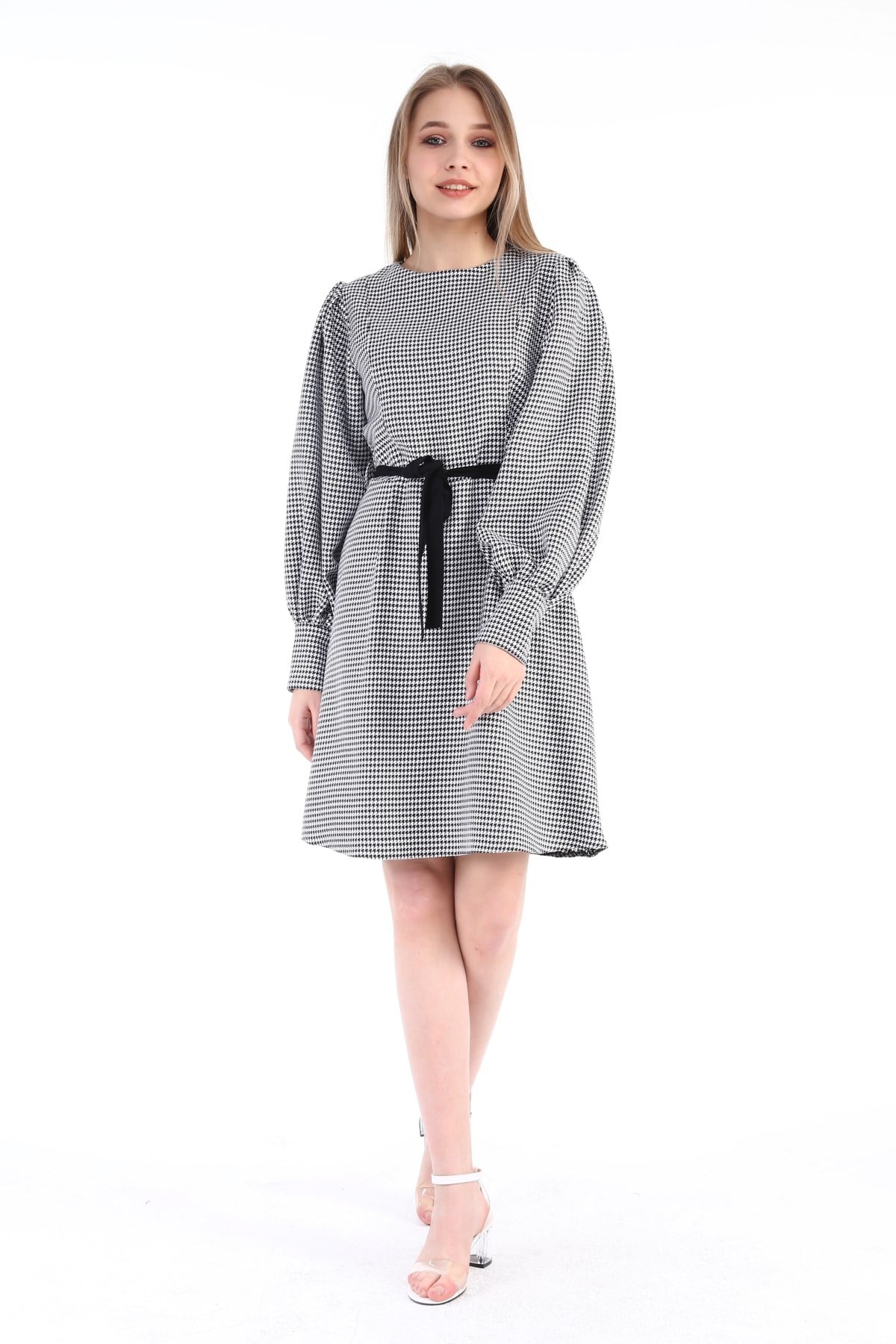 Round Neck Sleeves Pleated Wide Cuffs Zipper Houndstooth Patterned Black and White Dress