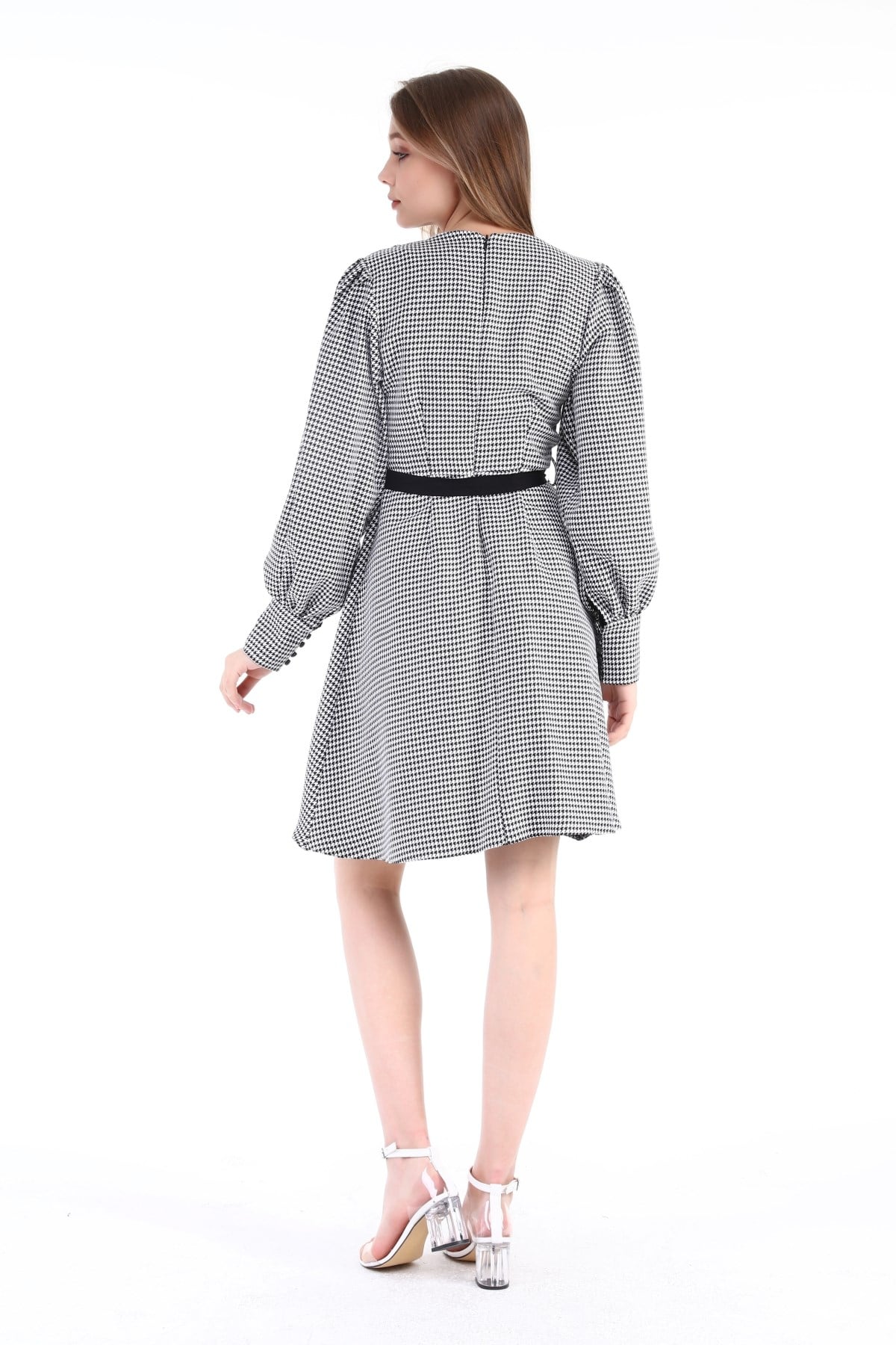Round Neck Sleeves Pleated Wide Cuffs Zipper Houndstooth Patterned Black and White Dress