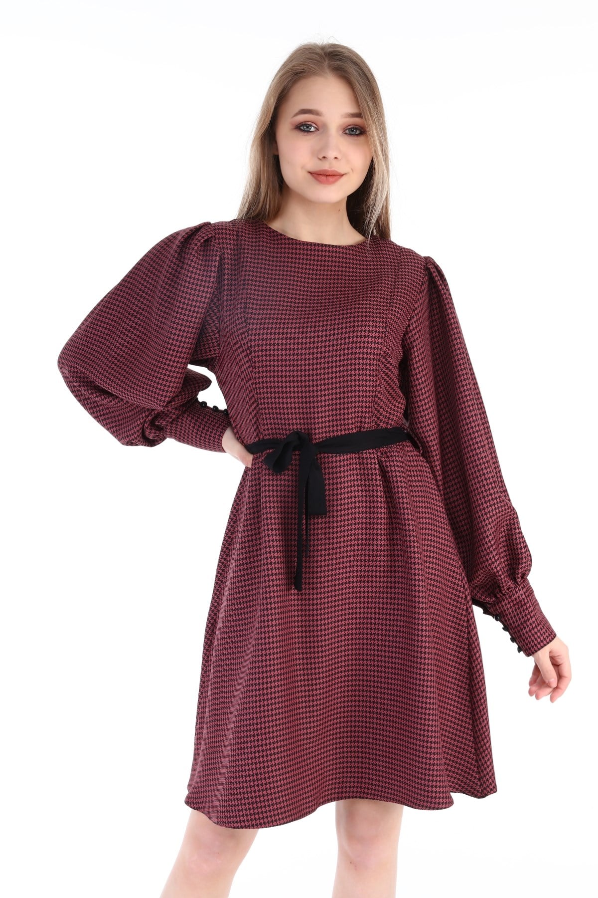 Round Neck Sleeves Pleated Wide Cuffs Zipper Houndstooth Patterned Black Plum Dress