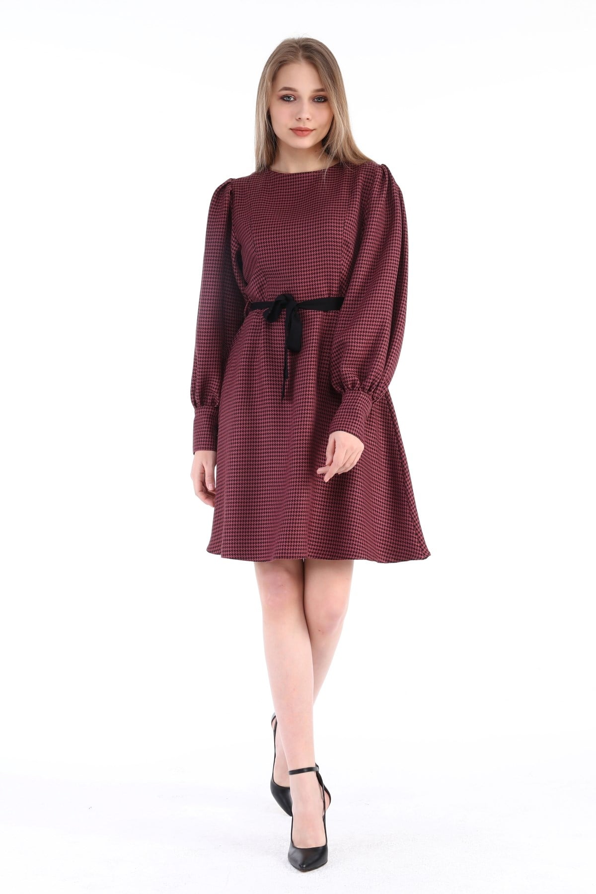 Round Neck Sleeves Pleated Wide Cuffs Zipper Houndstooth Patterned Black Plum Dress