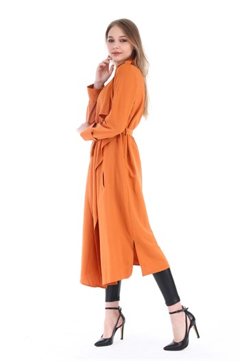 Apoletli Yanları Yırtmaçlı Kuşaklı Uzun Kiremit Rengi Kadın Ceket